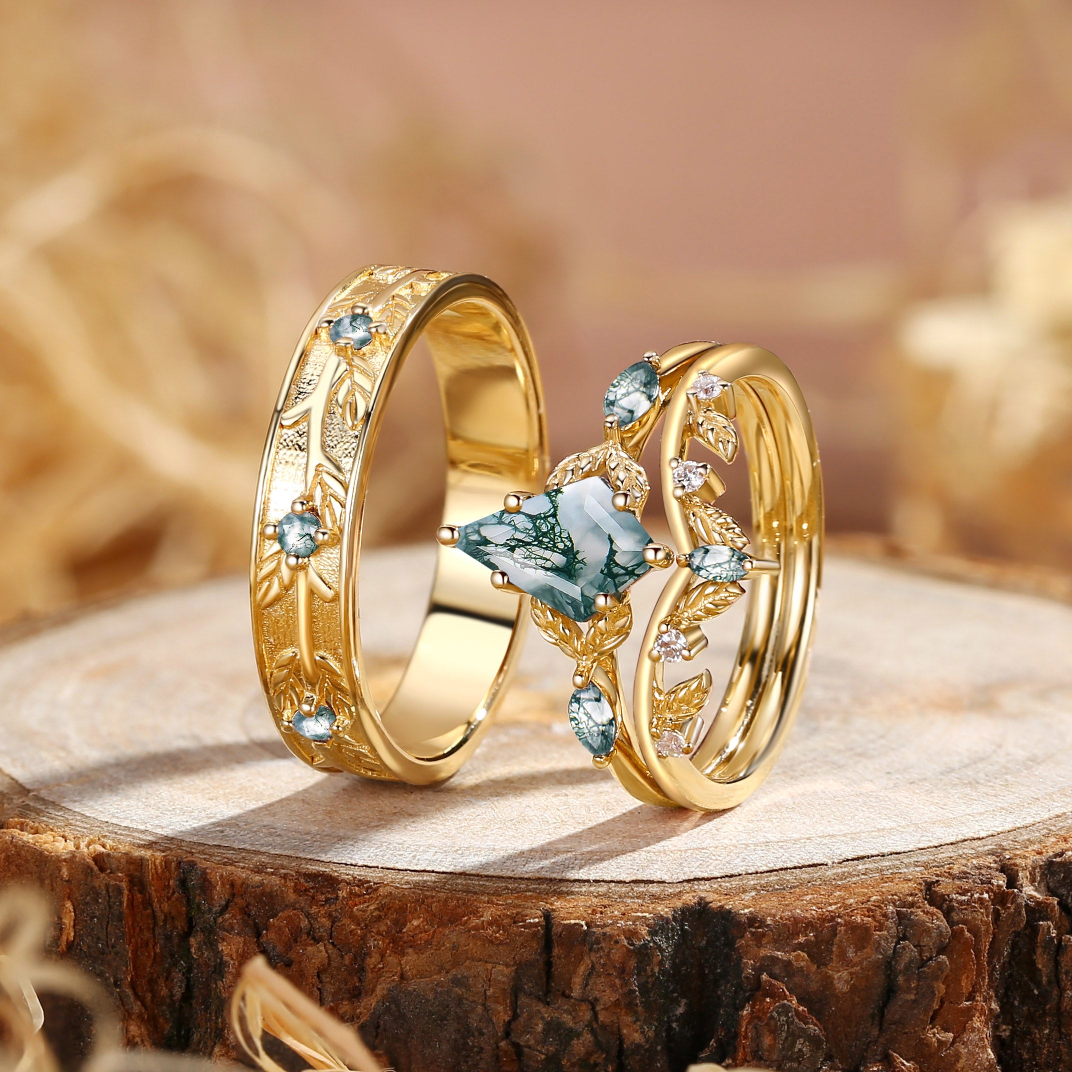 Karina - Kite Cut Moss Agate Leafy Cluster Couple Ring Set