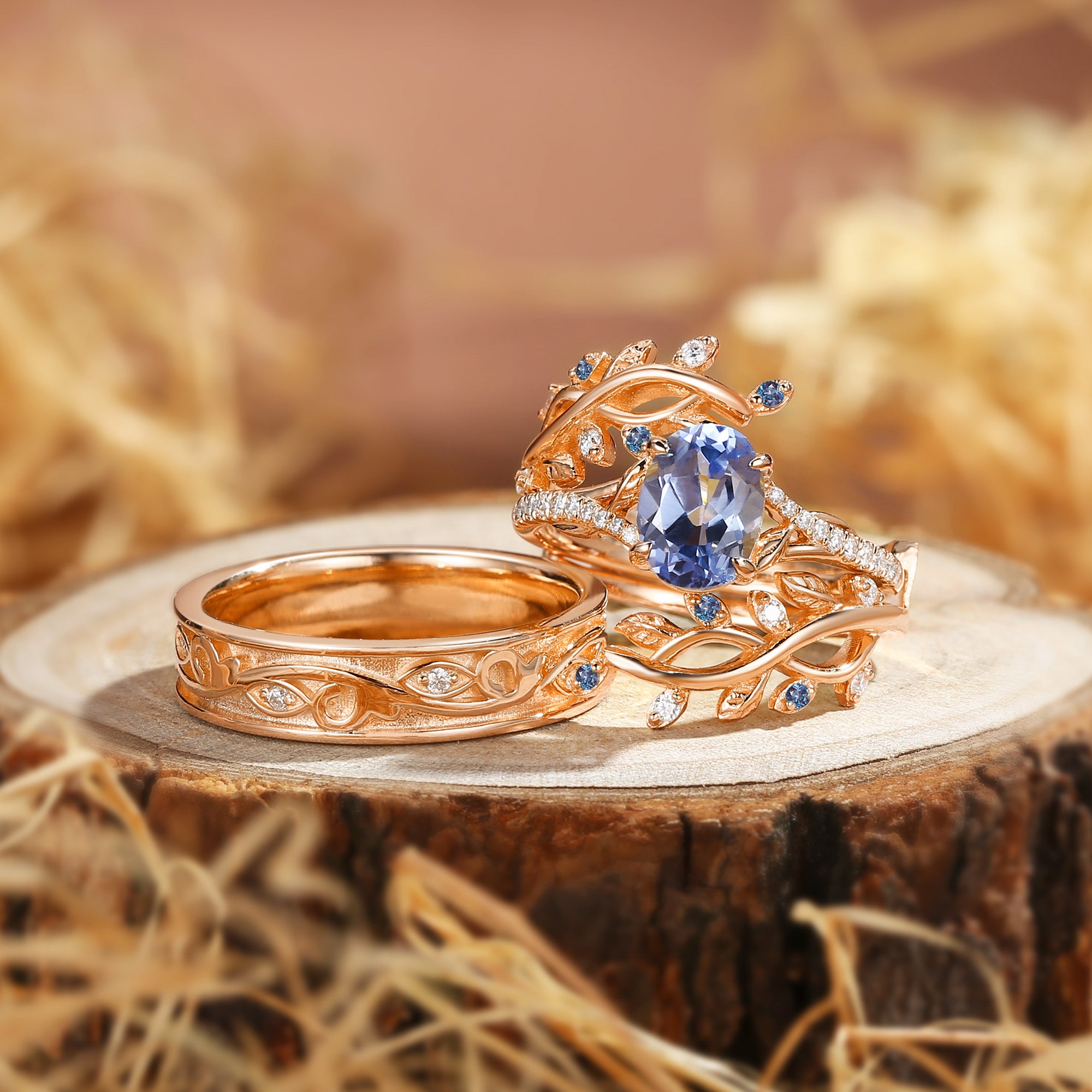 Daphne - Oval Cut Lab Cornflower Blue Sapphire Couple Ring Set