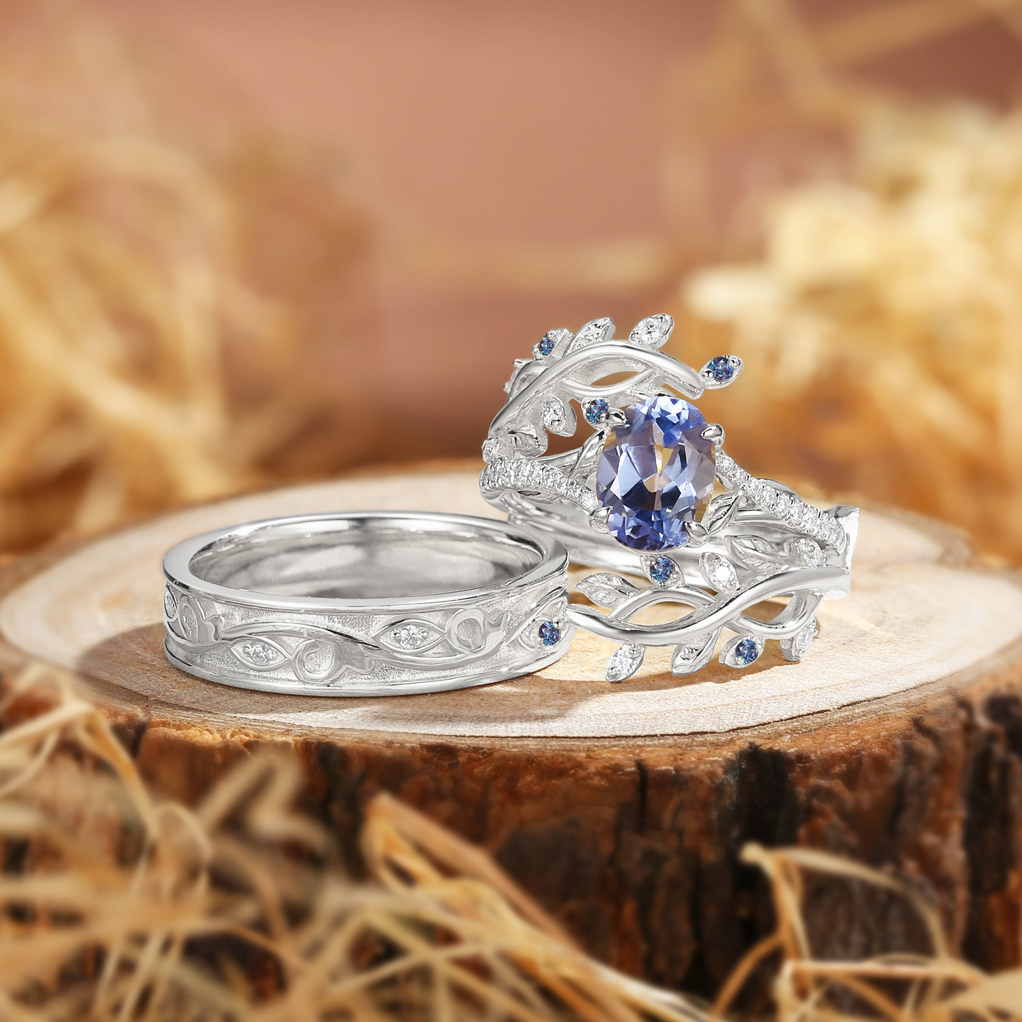 Daphne - Oval Cut Lab Cornflower Blue Sapphire Couple Ring Set