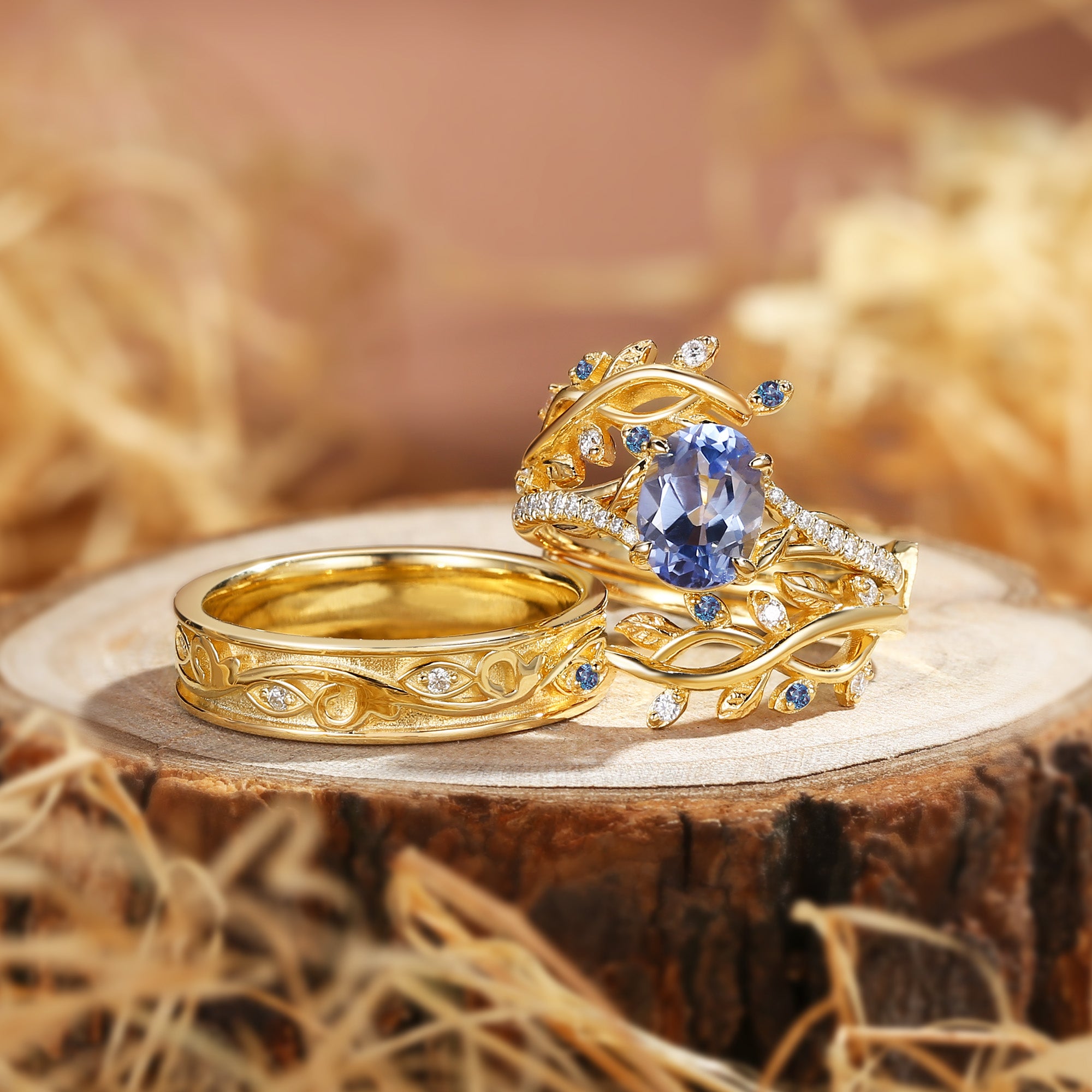 Daphne - Oval Cut Lab Cornflower Blue Sapphire Couple Ring Set