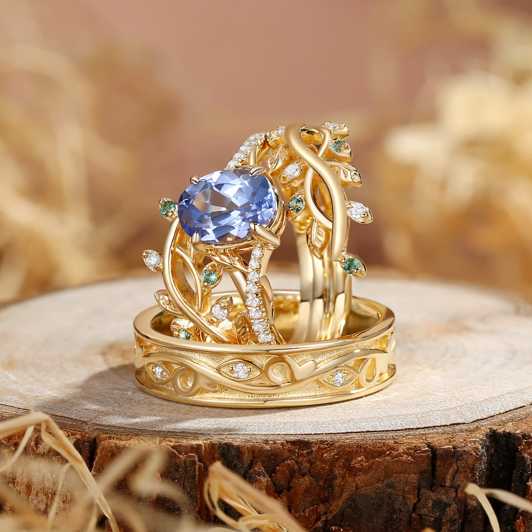 Daphne - Oval Cut Lab Cornflower Blue Sapphire Couple Ring Set