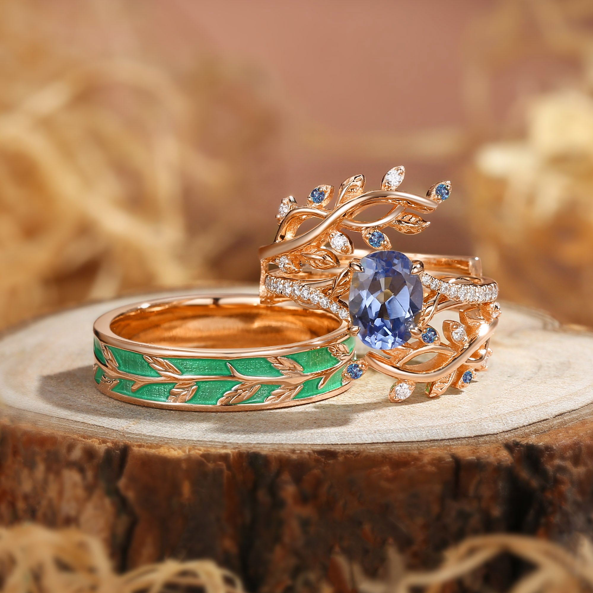 Daphne - Nature Inspired Oval Cut Lab Cornflower Blue Sapphire Couple Ring Set