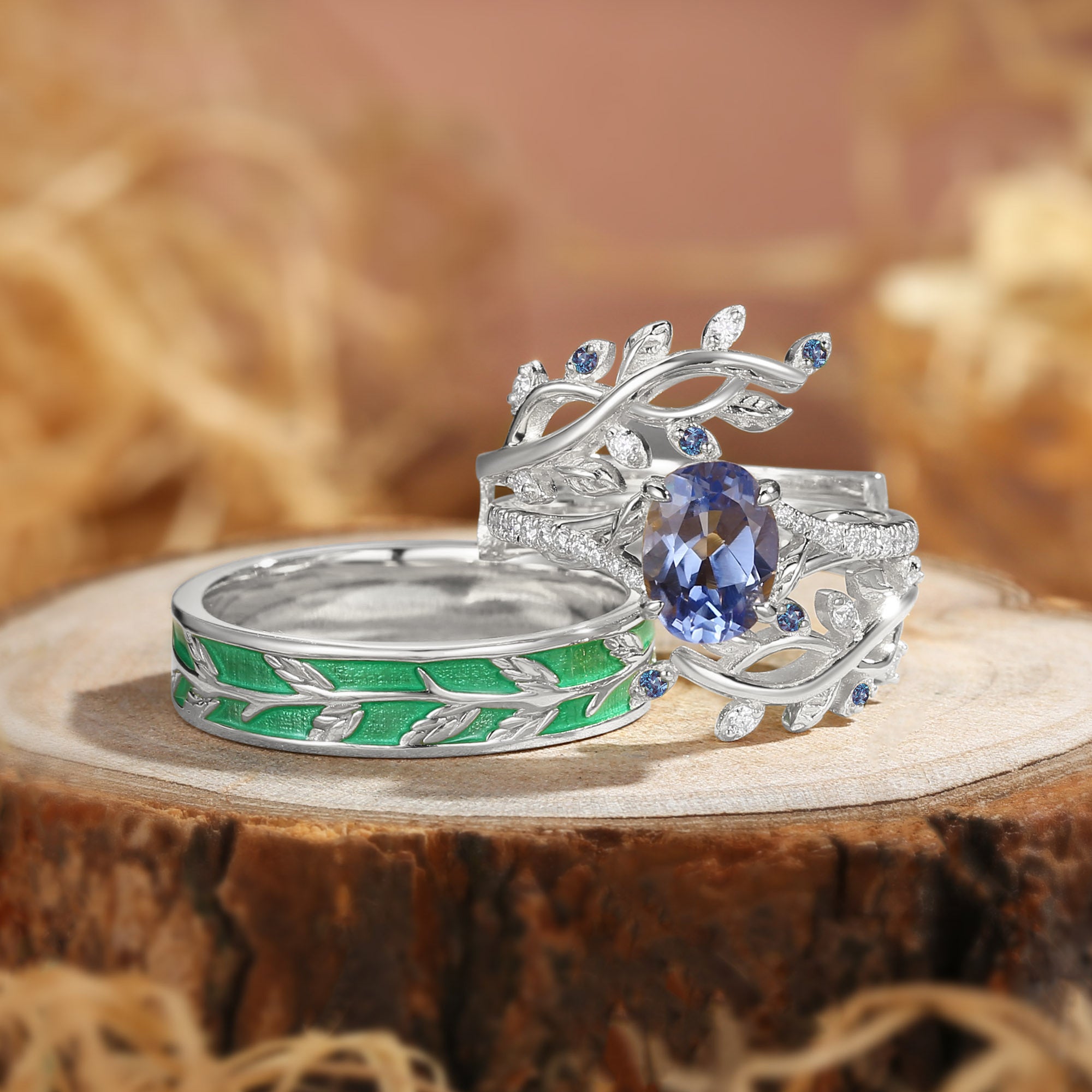 Daphne - Nature Inspired Oval Cut Lab Cornflower Blue Sapphire Couple Ring Set