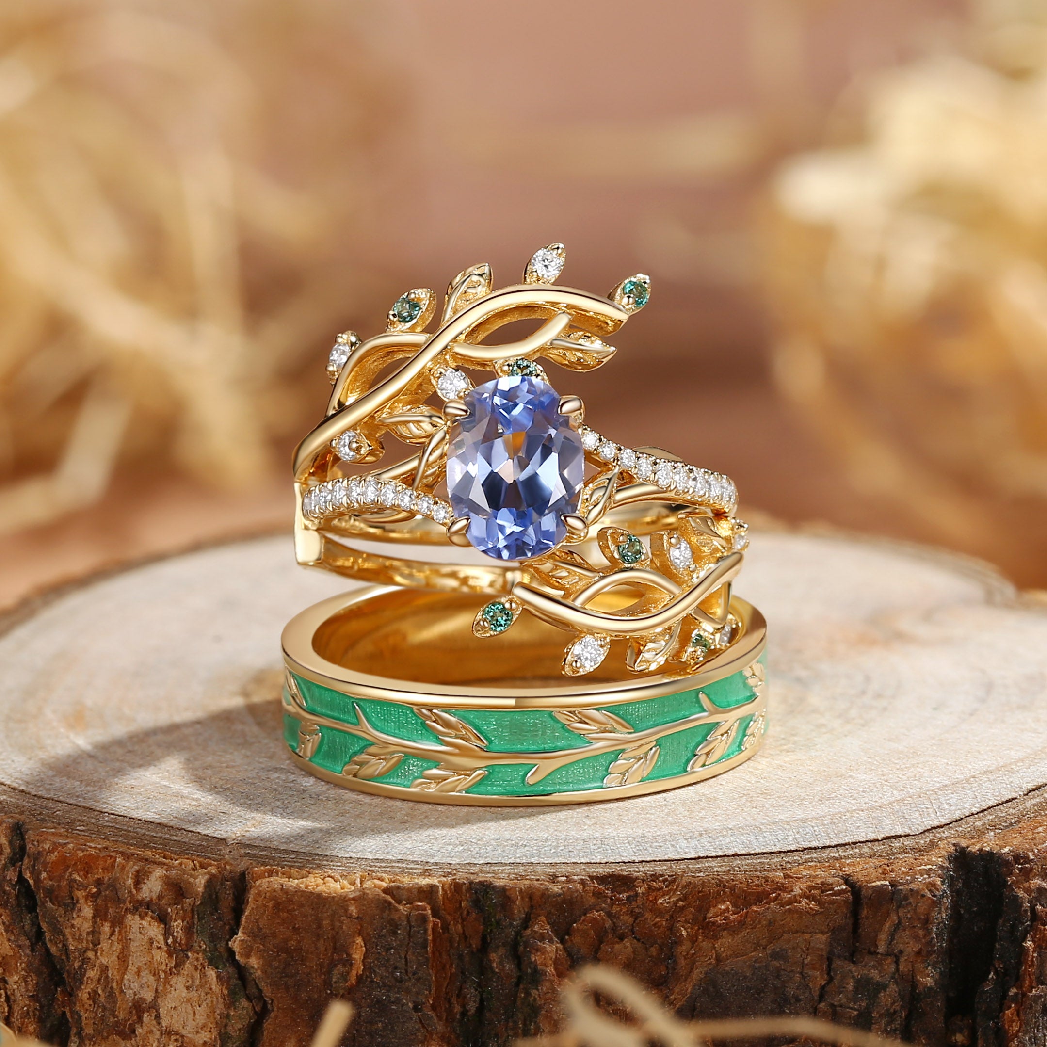 Daphne - Nature Inspired Oval Cut Lab Cornflower Blue Sapphire Couple Ring Set