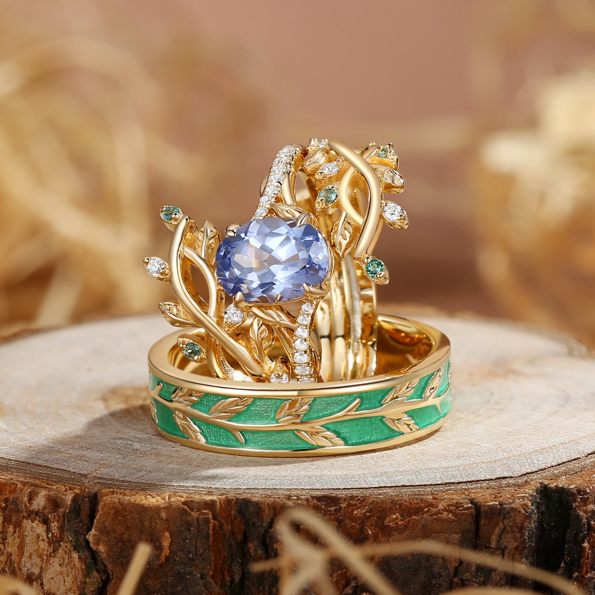 Daphne - Nature Inspired Oval Cut Lab Cornflower Blue Sapphire Couple Ring Set