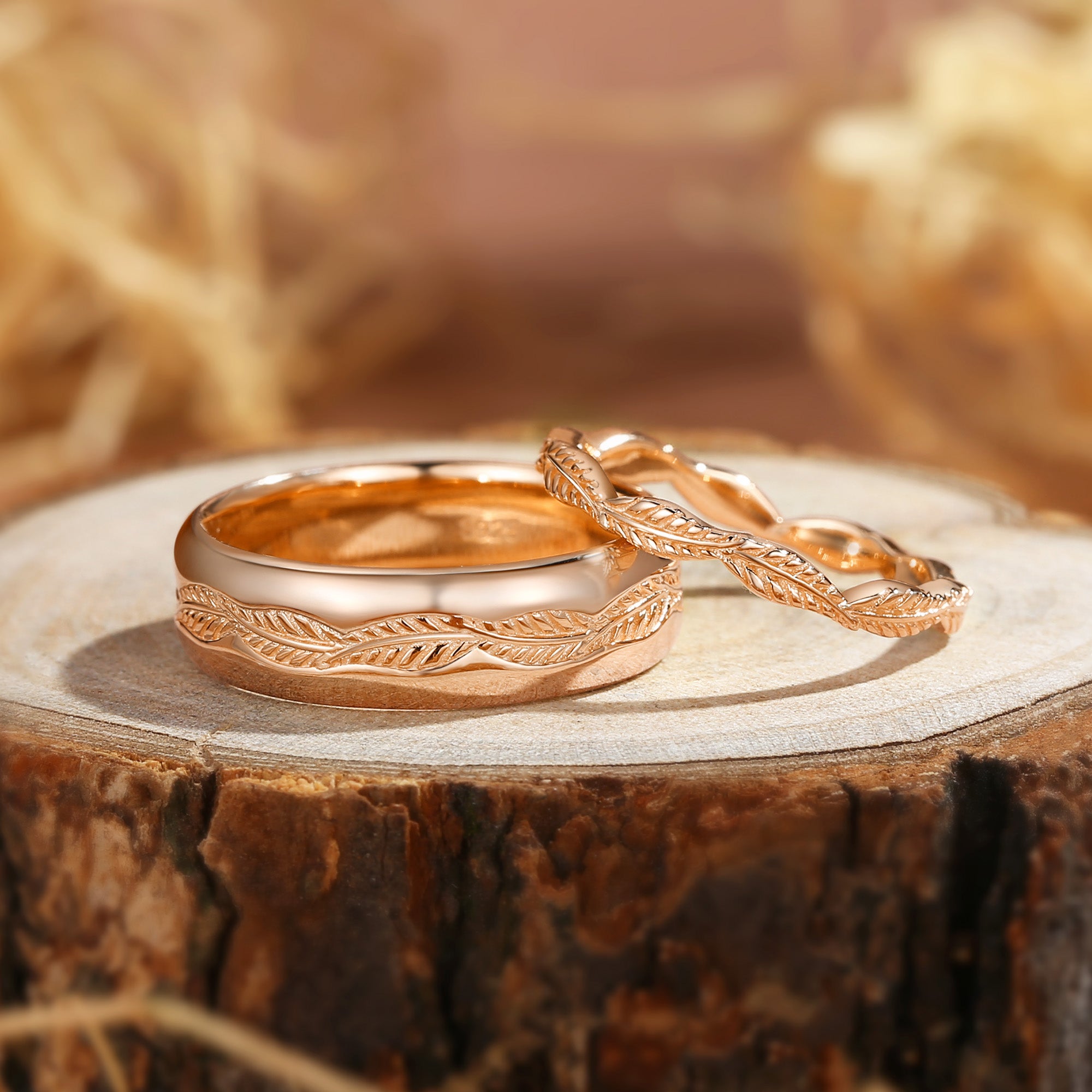 Couple Ring - Olive Leaf Wedding Band Set for Her And Him