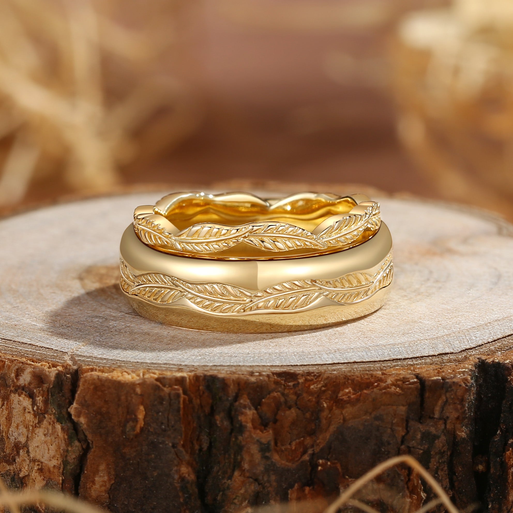 Couple Ring - Olive Leaf Wedding Band Set for Her And Him