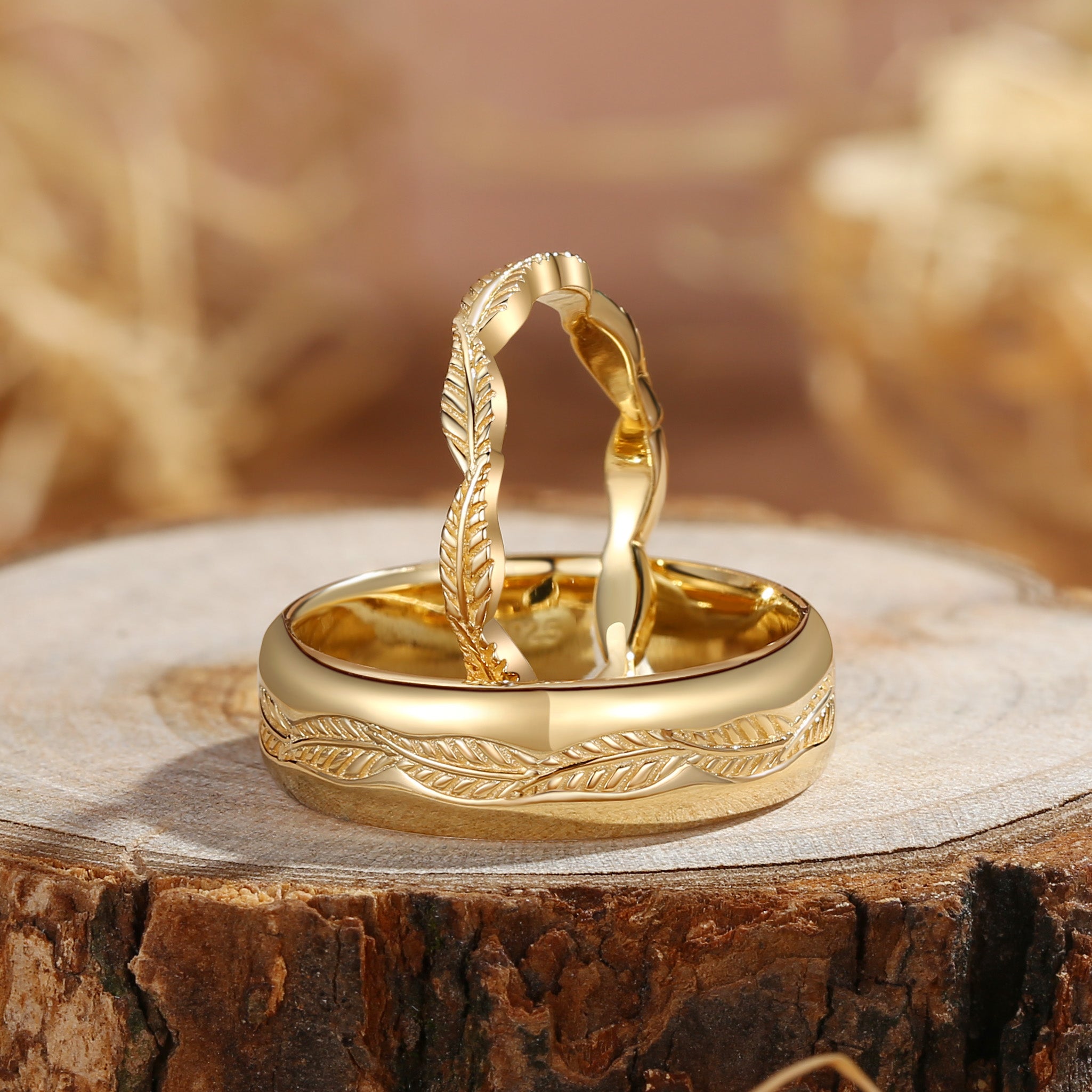 Couple Ring - Olive Leaf Wedding Band Set for Her And Him