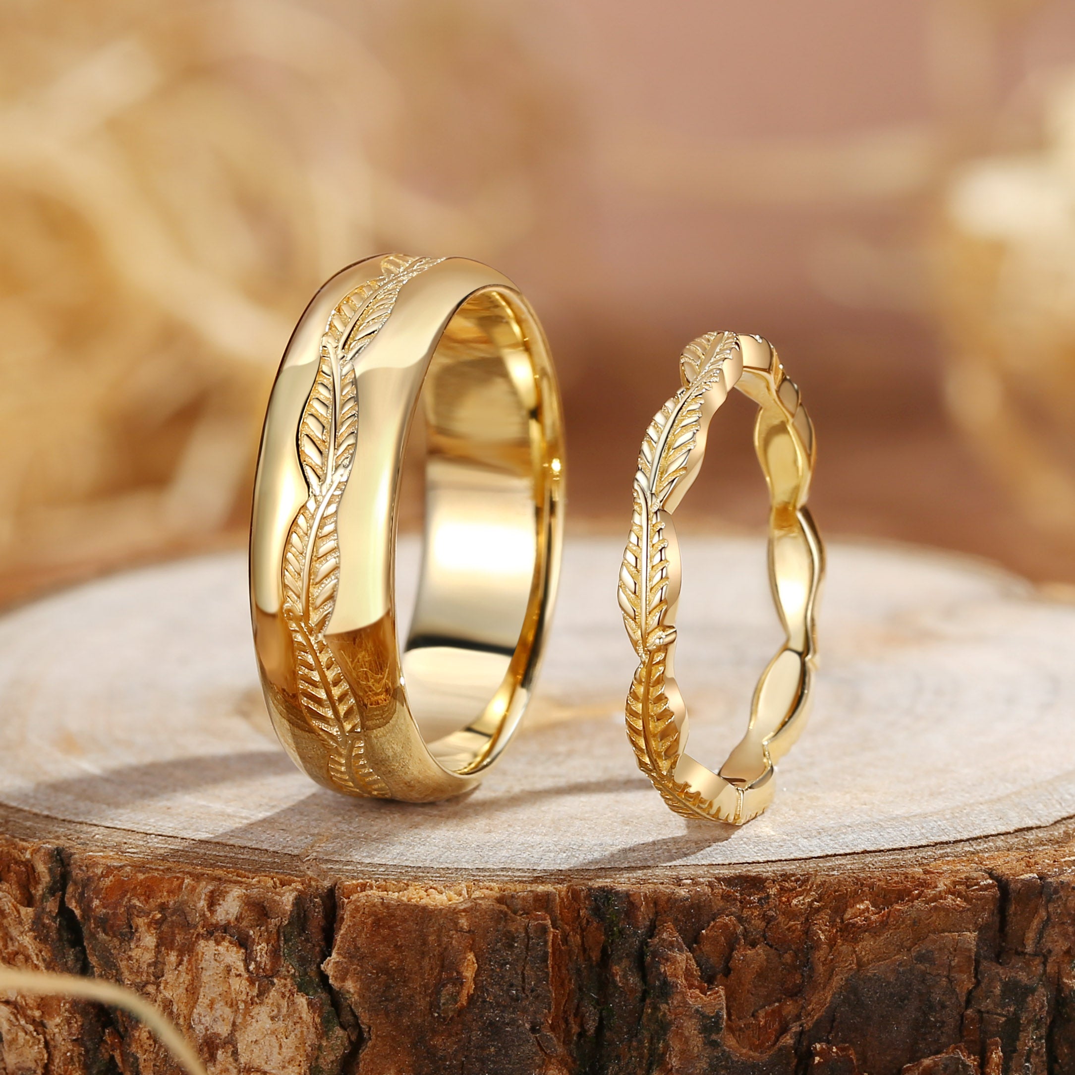 Couple Ring - Olive Leaf Wedding Band Set for Her And Him