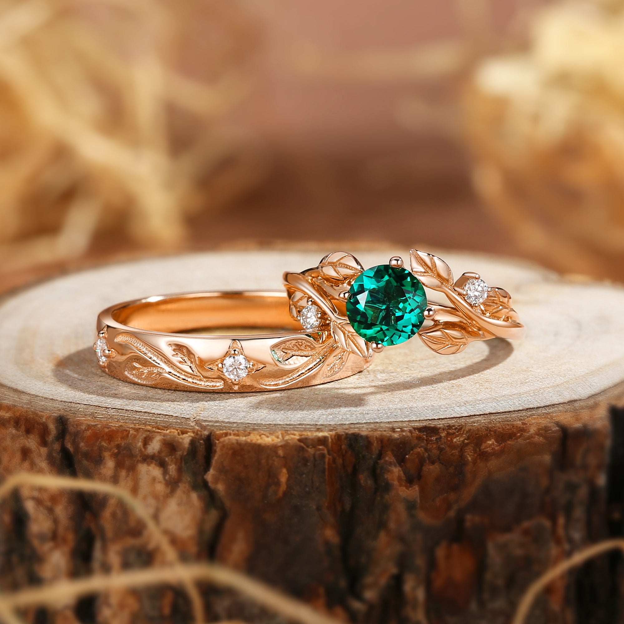 Couple Ring -  Emerald Leaf Floral 2pcs Couple Rings Set