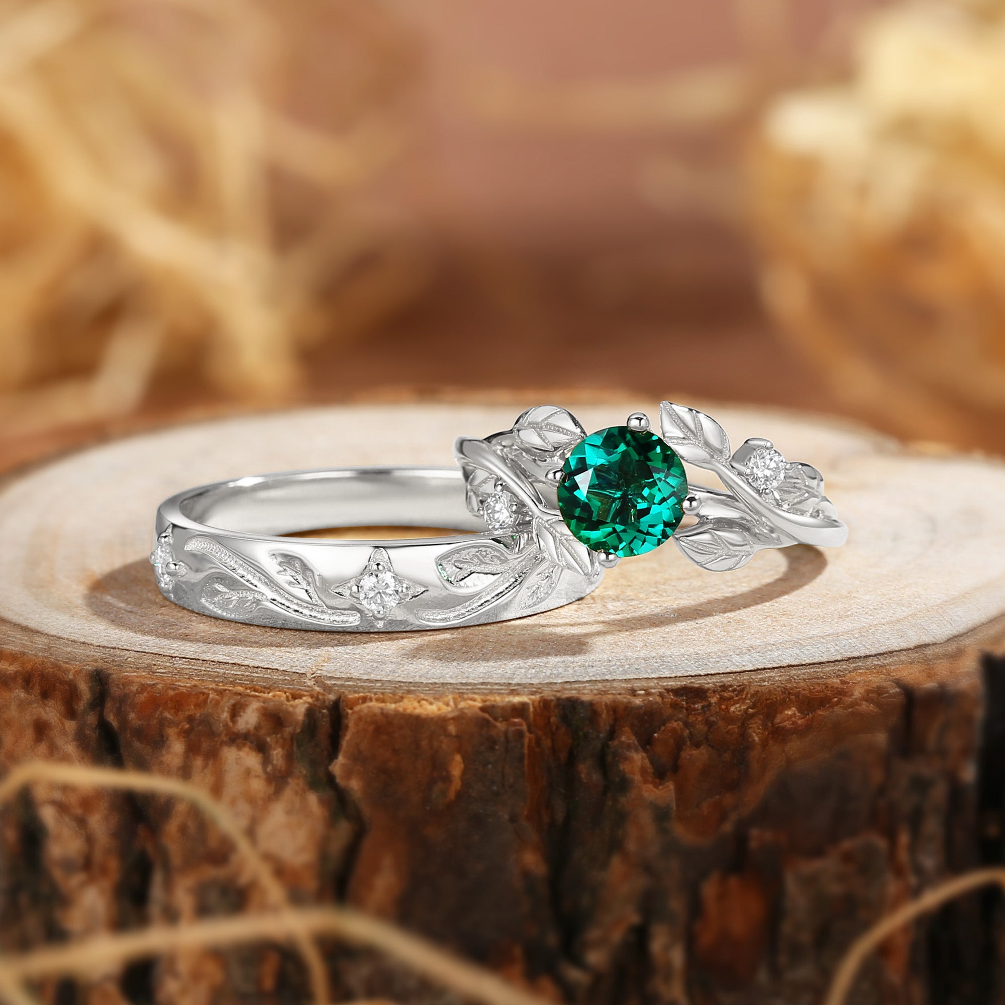 Couple Ring -  Emerald Leaf Floral 2pcs Couple Rings Set