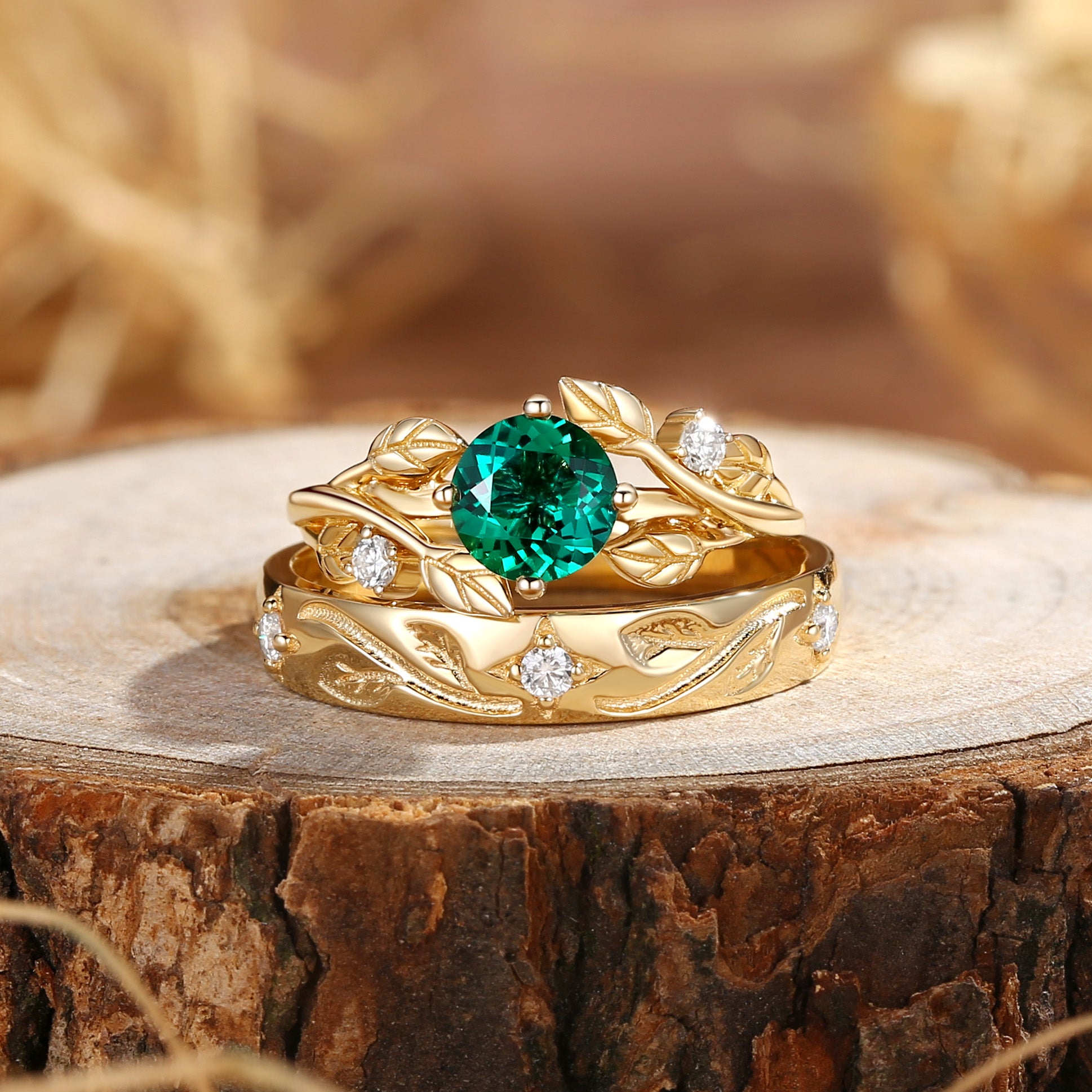 Couple Ring -  Emerald Leaf Floral 2pcs Couple Rings Set