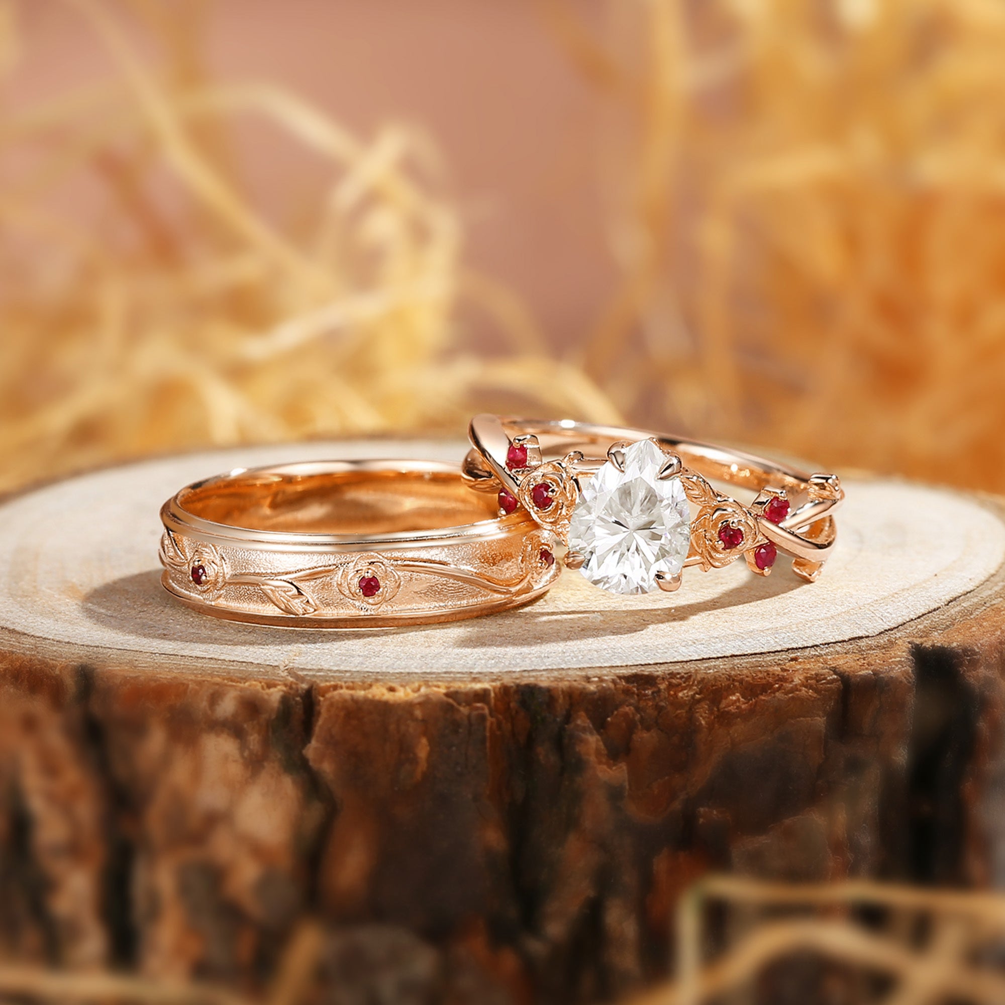 Couple Ring - Ruby Flower Vintage Pear Moissanite Couple Rings Set