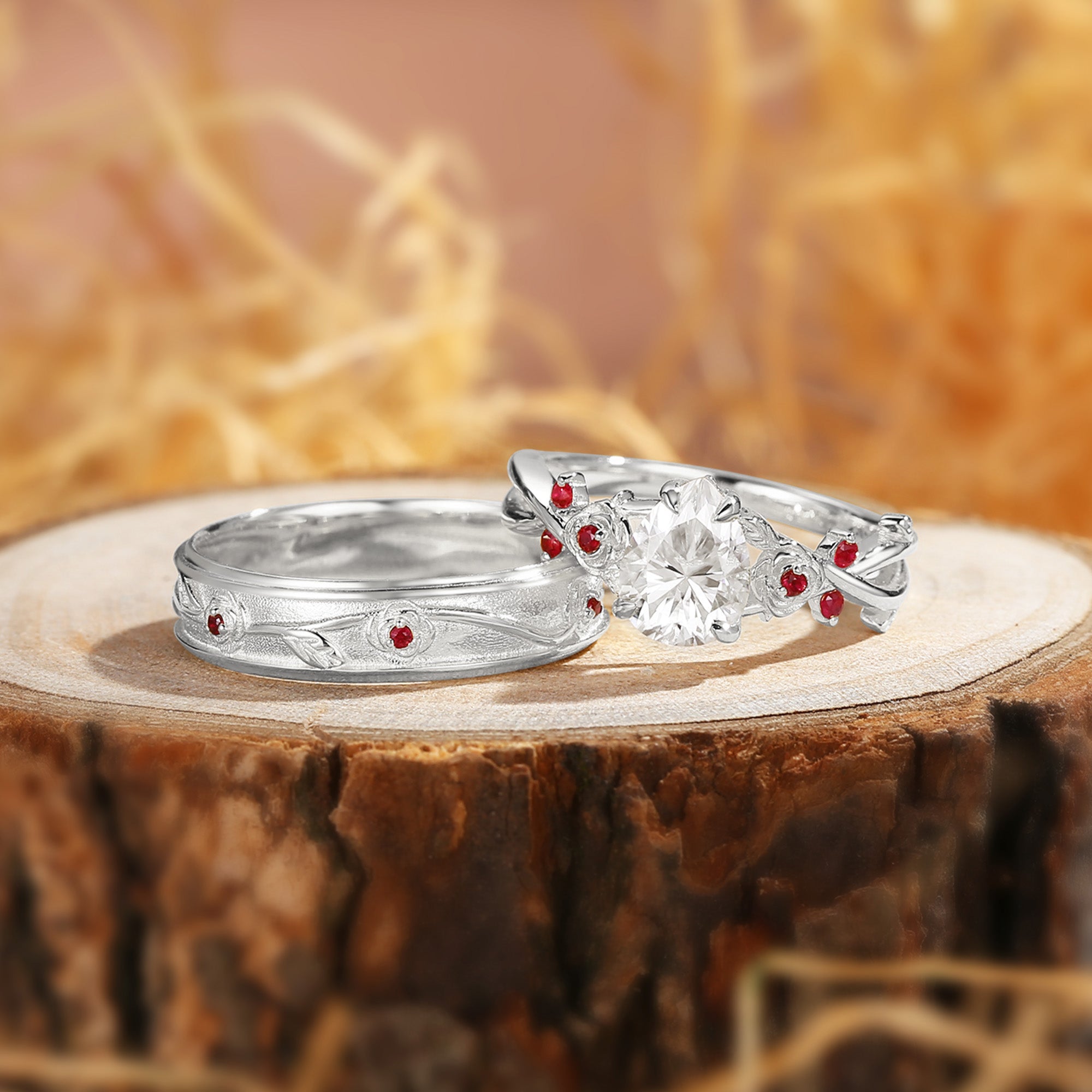 Couple Ring - Ruby Flower Vintage Pear Moissanite Couple Rings Set