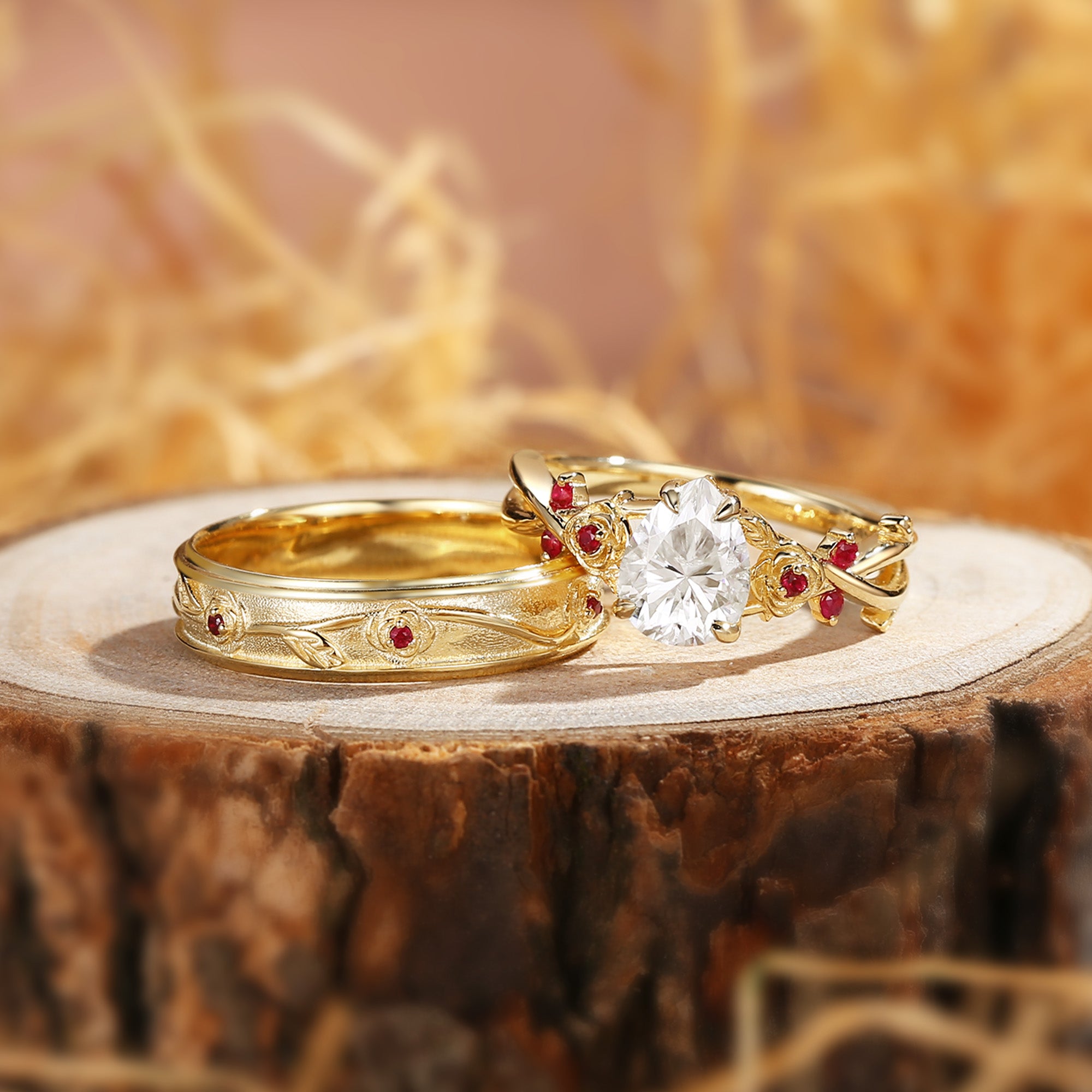 Couple Ring - Ruby Flower Vintage Pear Moissanite Couple Rings Set