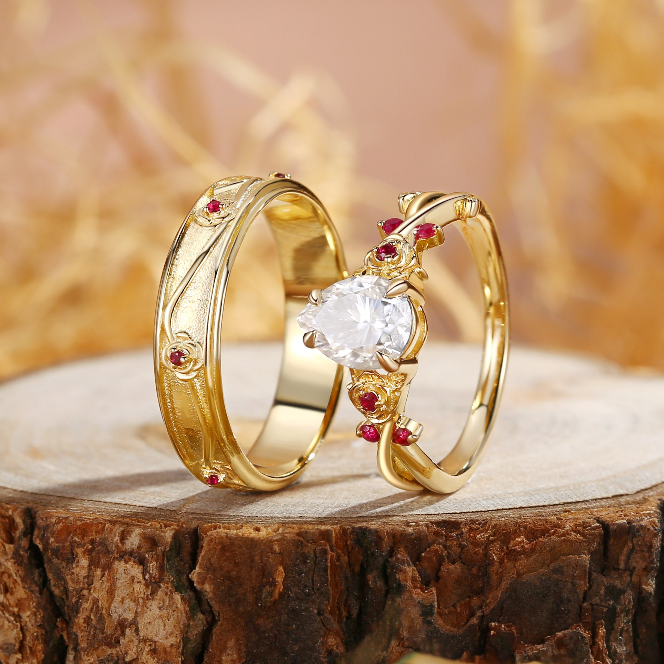 Couple Ring - Ruby Flower Vintage Pear Moissanite Couple Rings Set