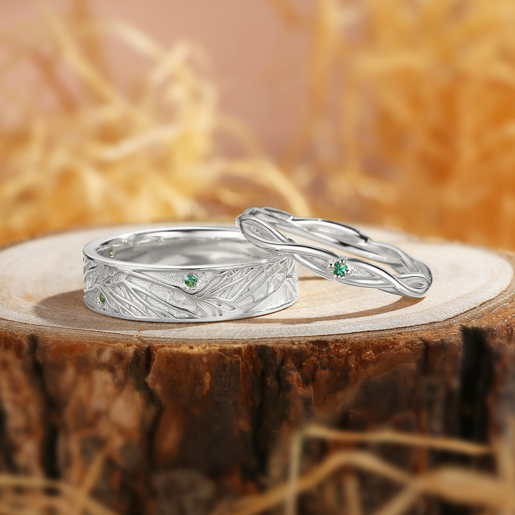 Couple Ring - Vintage Forest Art Deco Elf Tree Promise Birthstone Ring Set