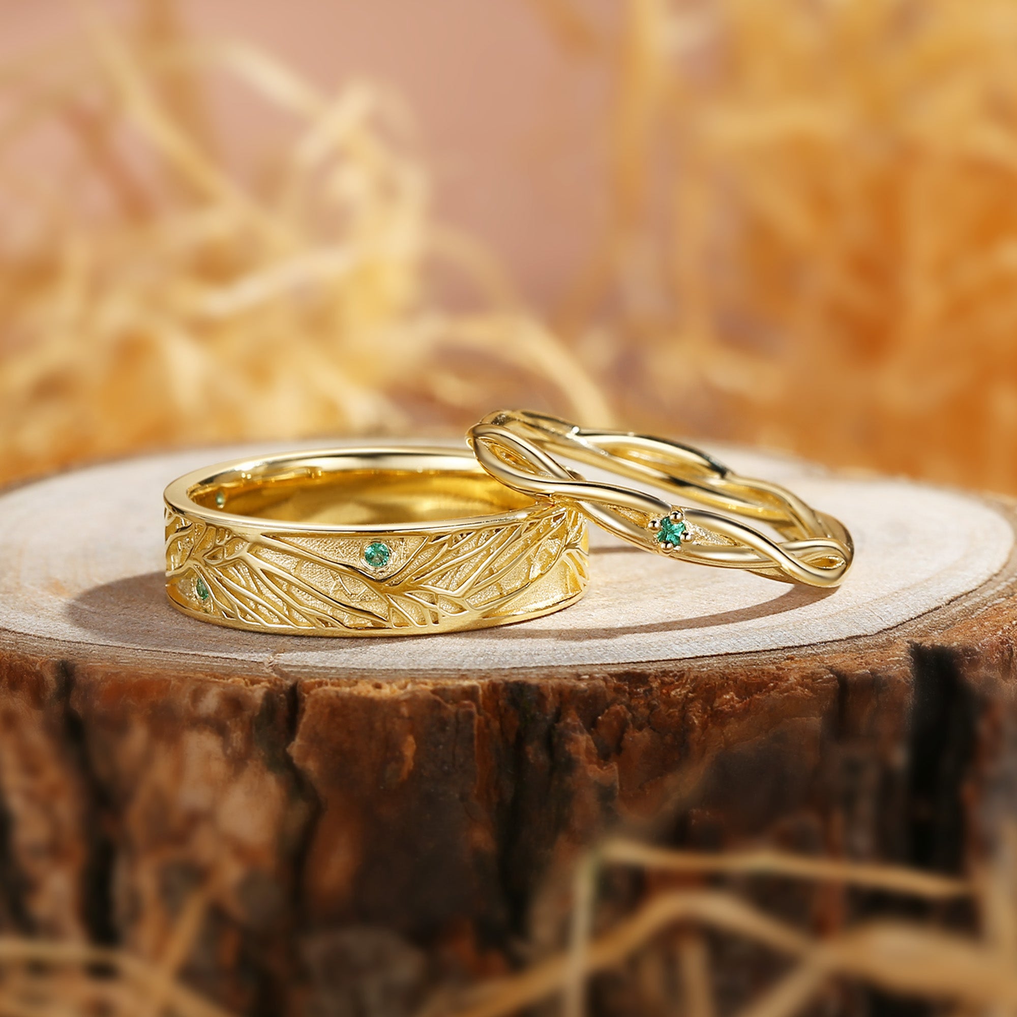 Couple Ring - Vintage Forest Art Deco Elf Tree Promise Birthstone Ring Set