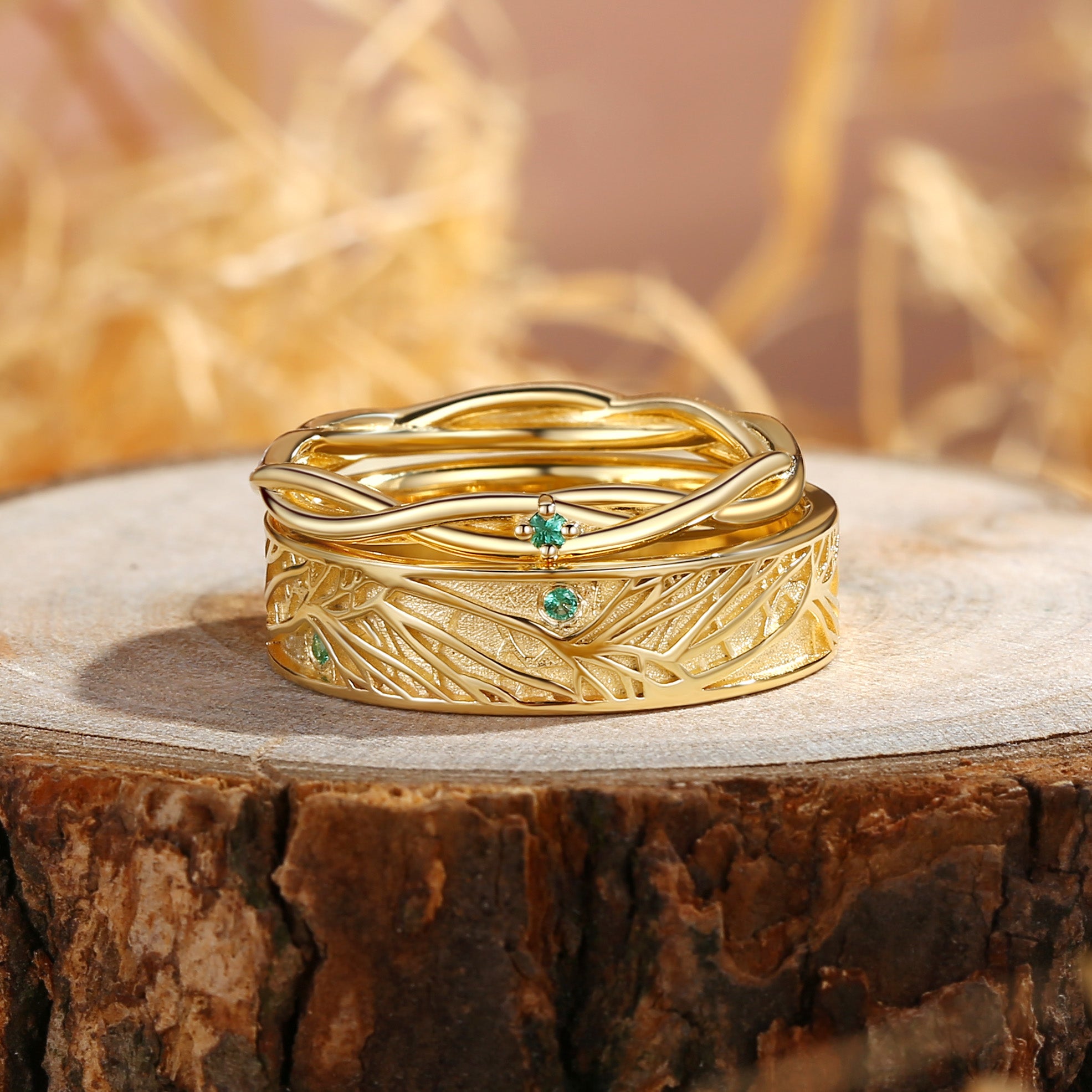 Couple Ring - Vintage Forest Art Deco Elf Tree Promise Birthstone Ring Set