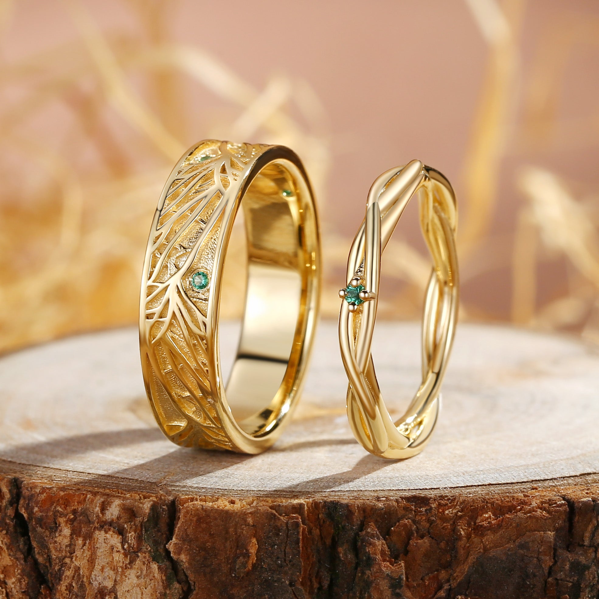 Couple Ring - Vintage Forest Art Deco Elf Tree Promise Birthstone Ring Set