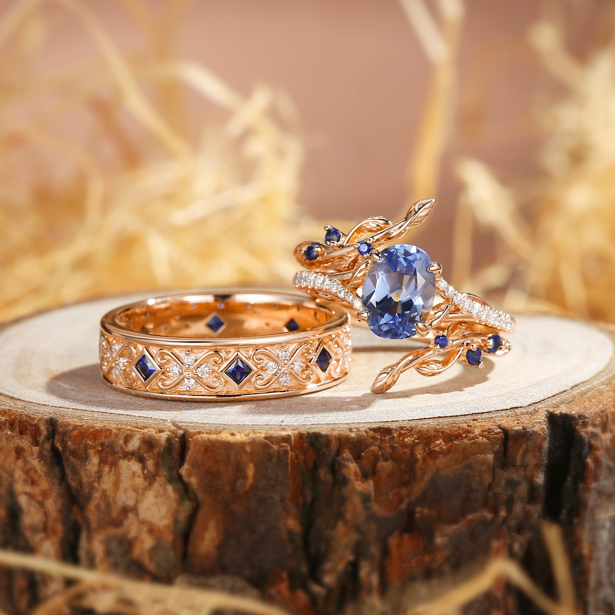 Aphne - Branch Lab Cornflower Blue Sapphire Cluster Couple Ring Set