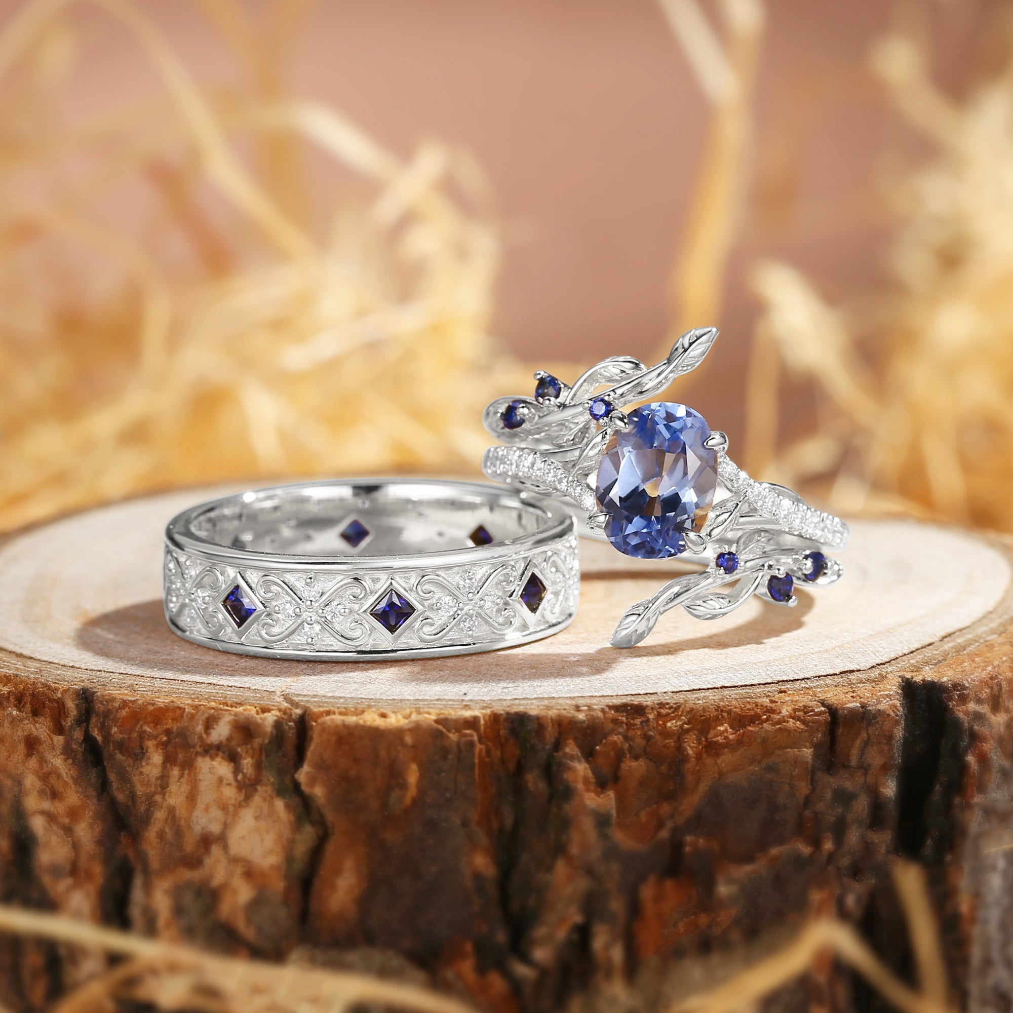 Aphne - Branch Lab Cornflower Blue Sapphire Cluster Couple Ring Set