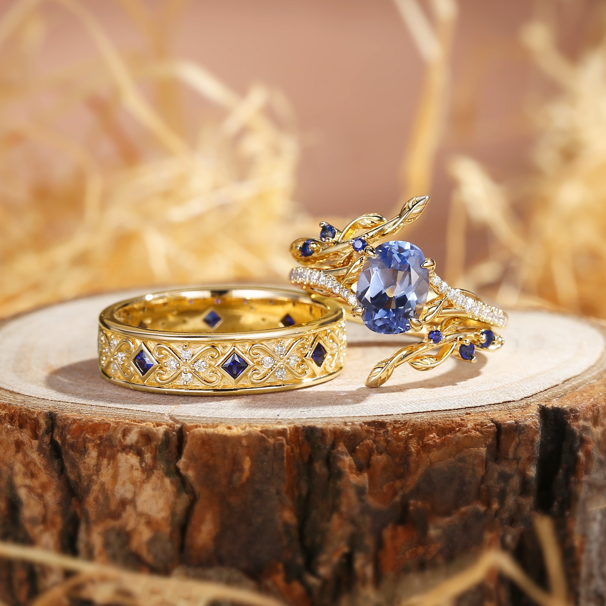 Aphne - Branch Lab Cornflower Blue Sapphire Cluster Couple Ring Set