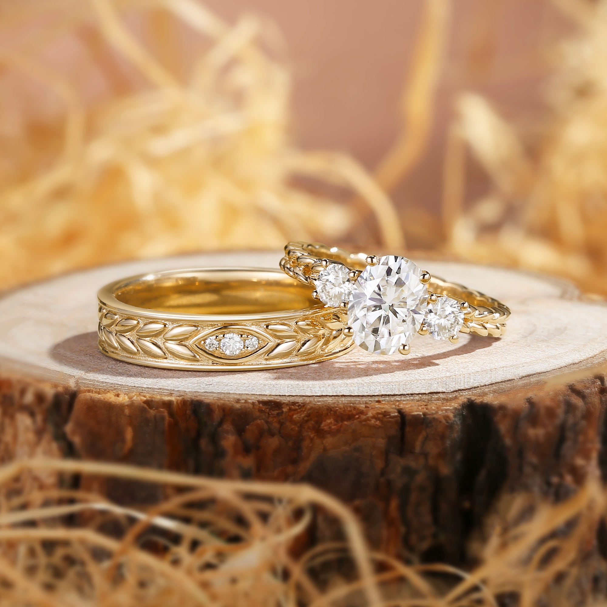 Cassandre - Oval Cut Moissanite & Leaf Moissanite Couple Ring