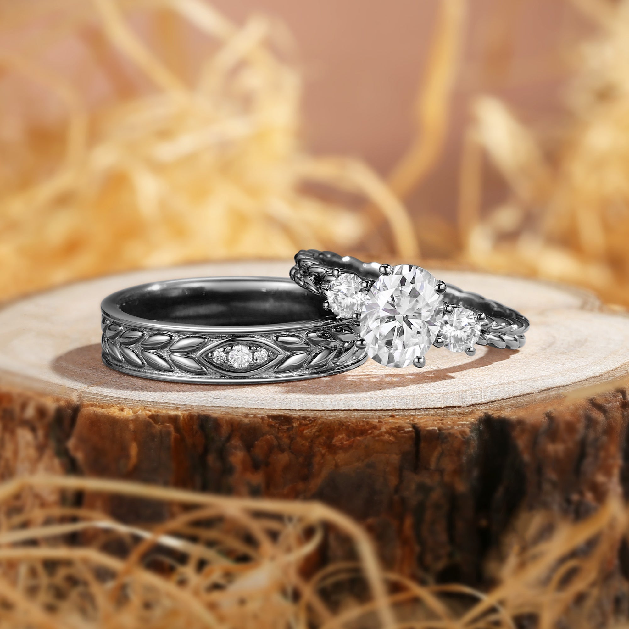 Cassandre - Oval Cut Moissanite & Leaf Moissanite Couple Ring