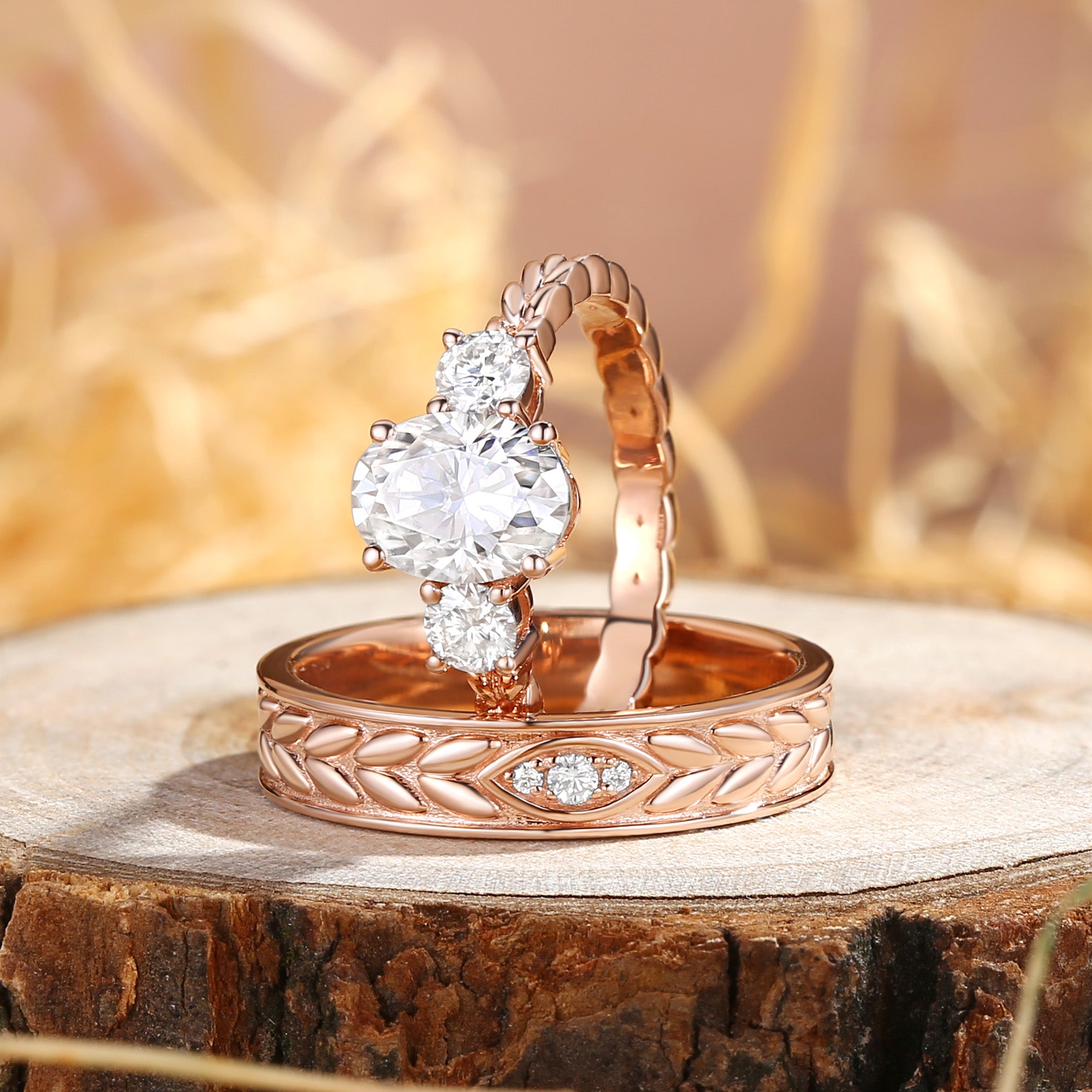 Cassandre - Oval Cut Moissanite & Leaf Moissanite Couple Ring