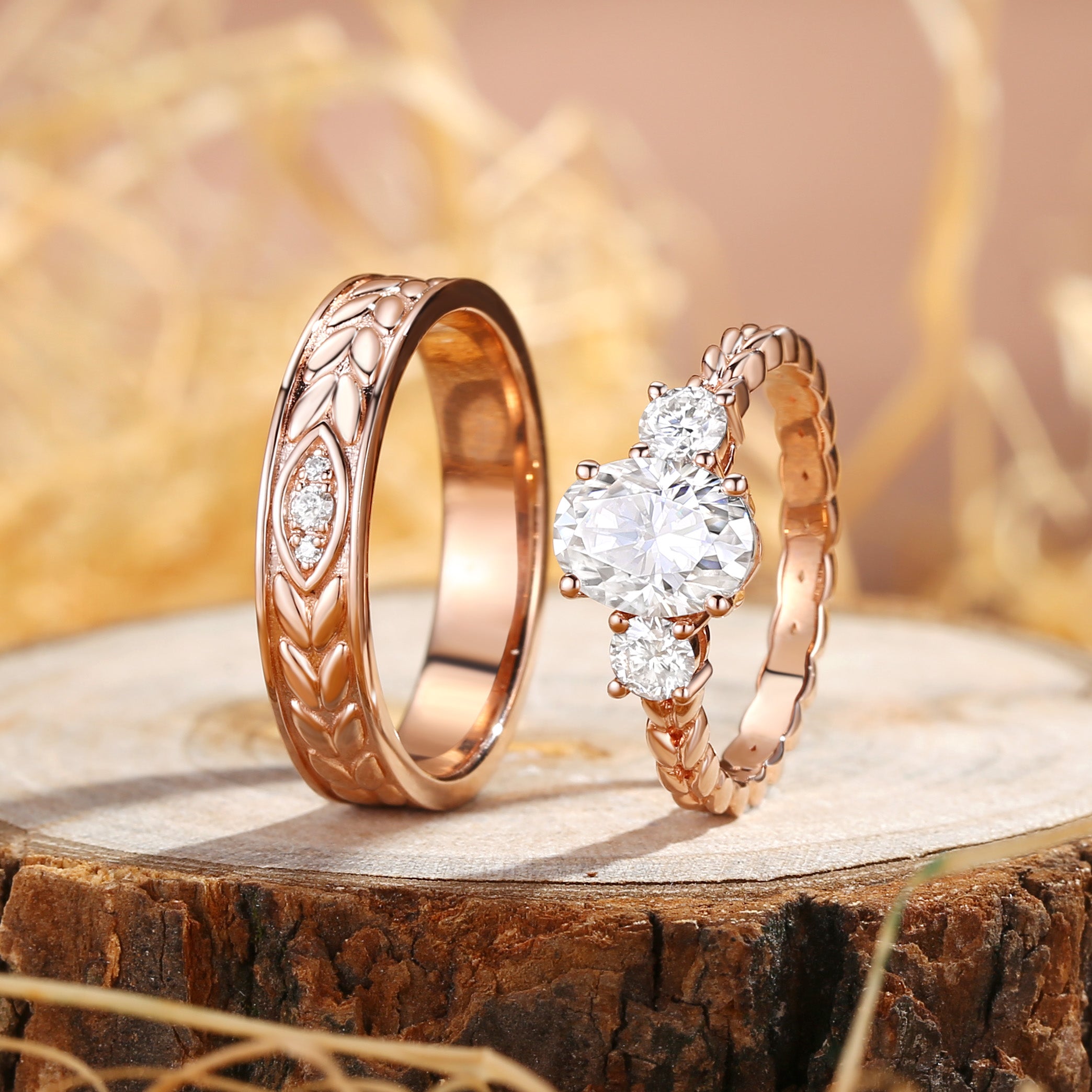 Cassandre - Oval Cut Moissanite & Leaf Moissanite Couple Ring