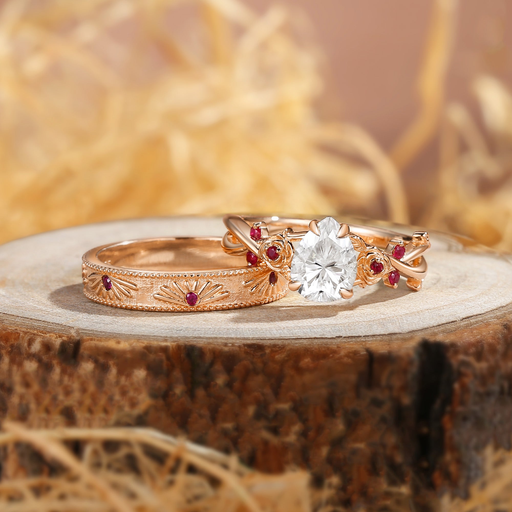 Couple Ring - Vine Leaf Pear Moissanite Flower Couple Rings Set