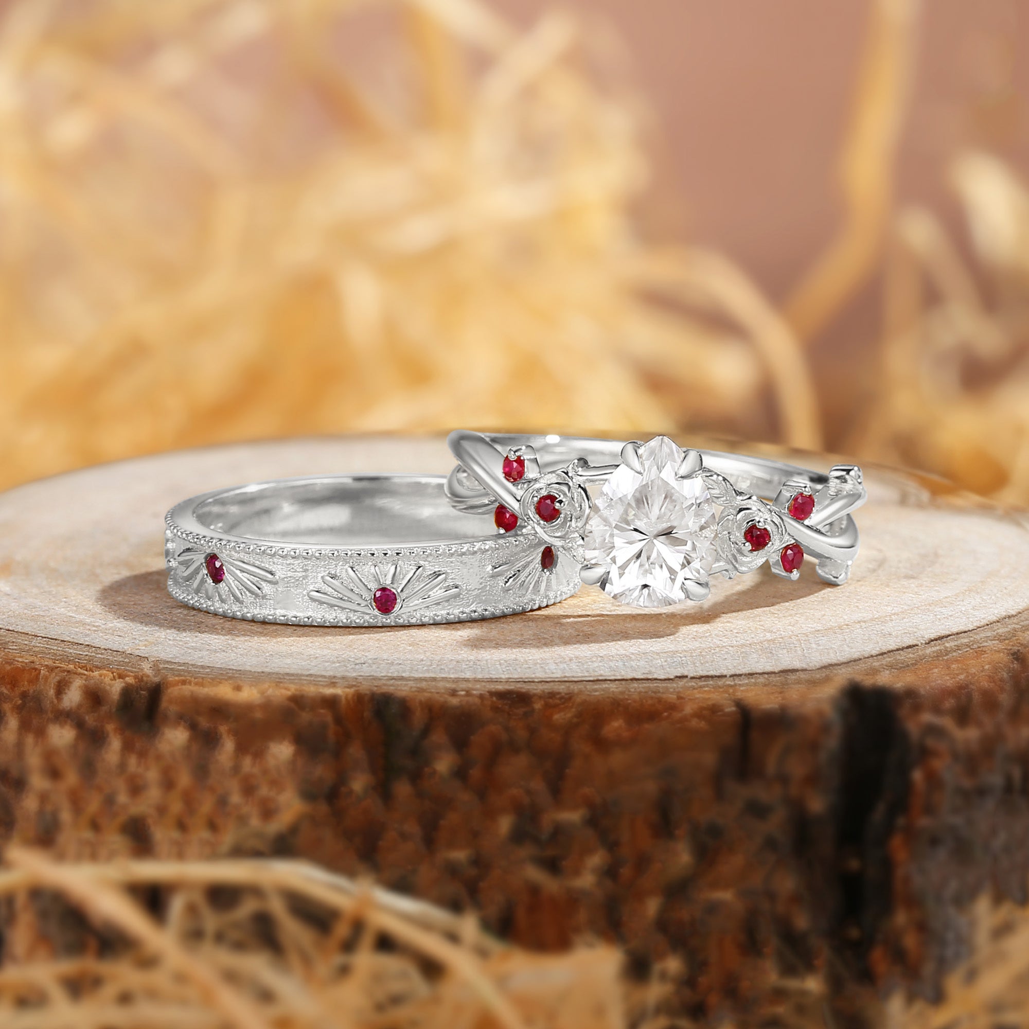 Couple Ring - Vine Leaf Pear Moissanite Flower Couple Rings Set