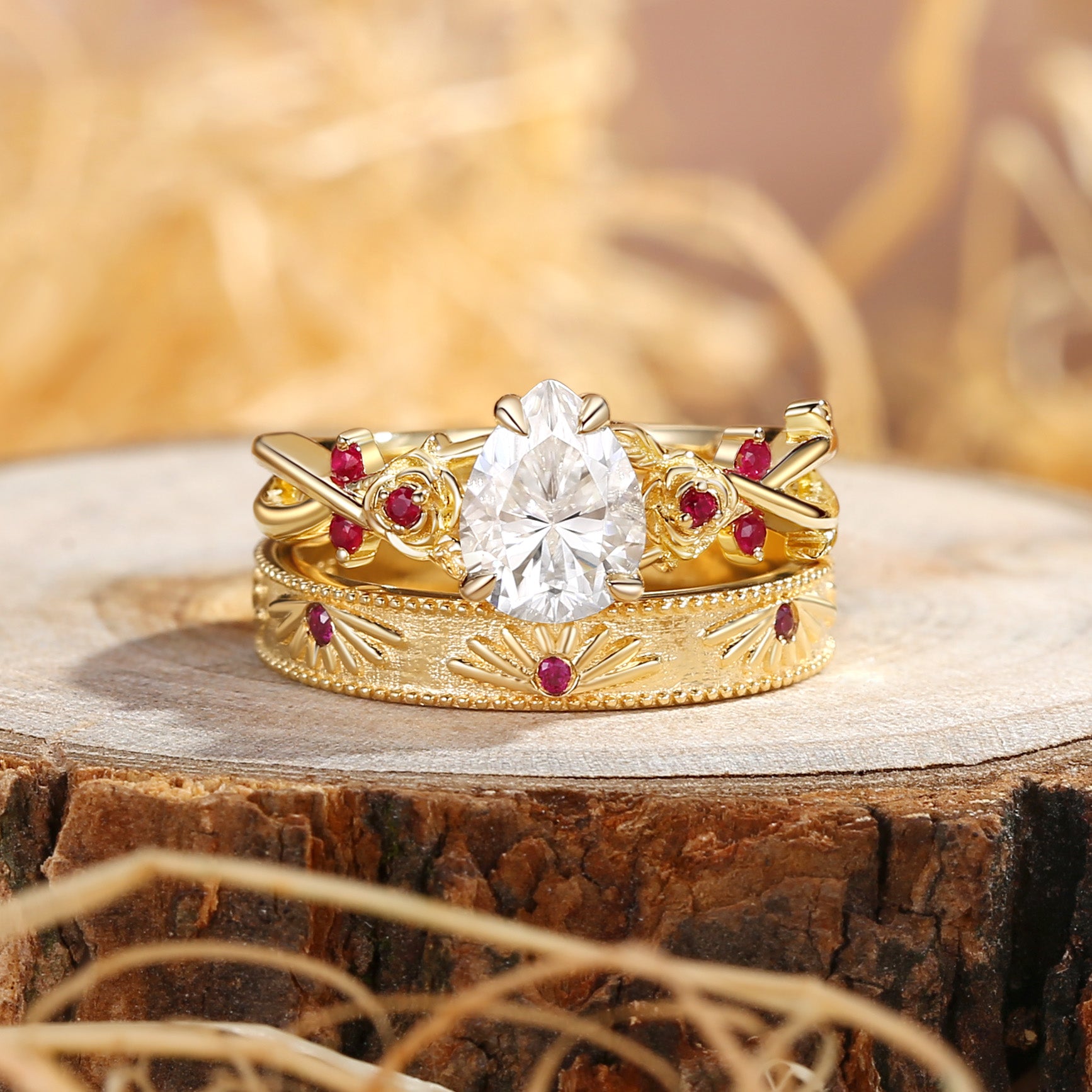 Couple Ring - Vine Leaf Pear Moissanite Flower Couple Rings Set