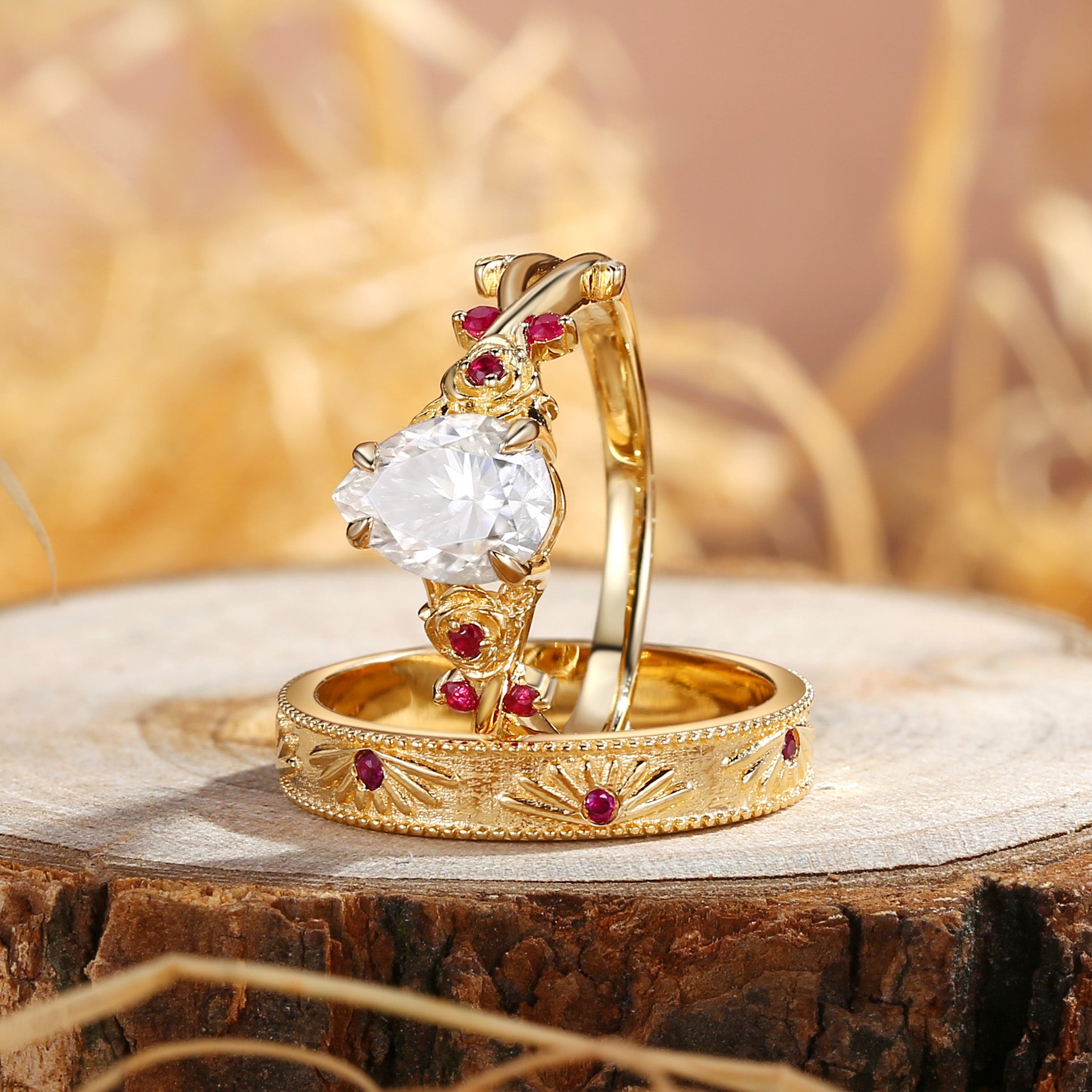 Couple Ring - Vine Leaf Pear Moissanite Flower Couple Rings Set