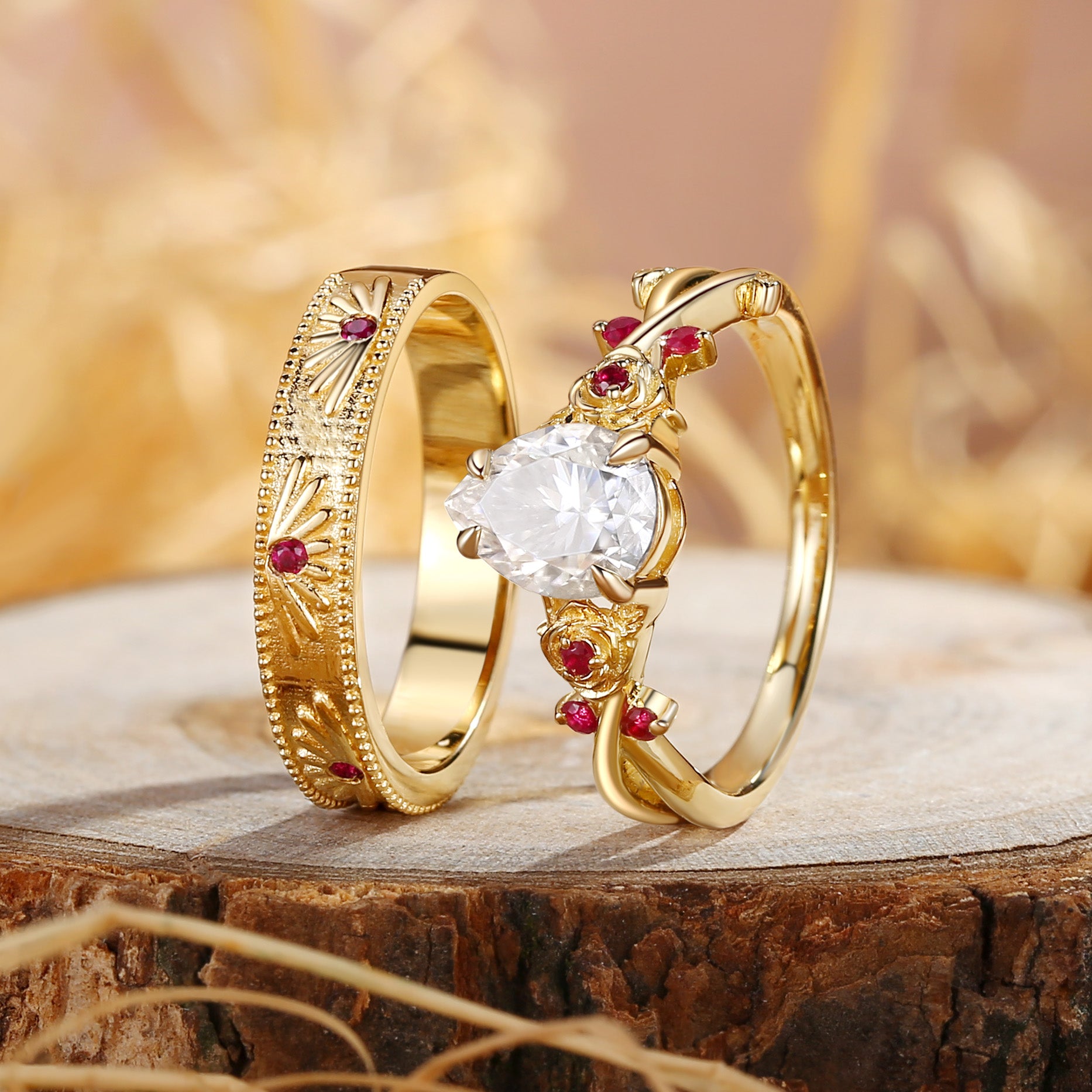 Couple Ring - Vine Leaf Pear Moissanite Flower Couple Rings Set