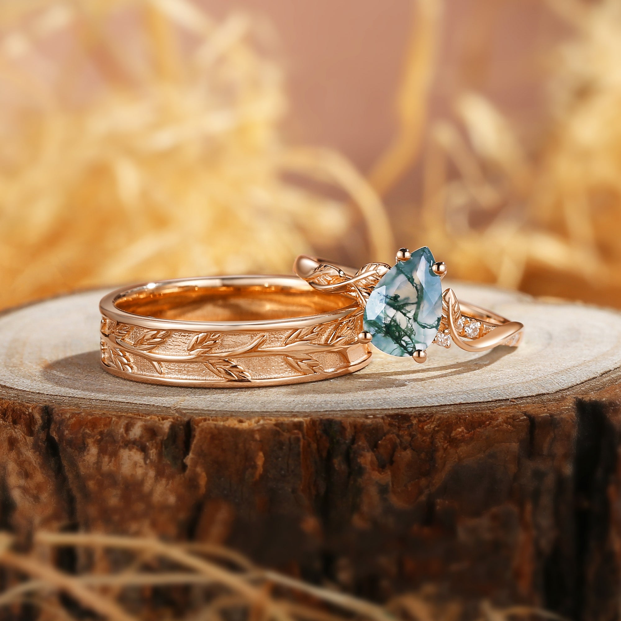 Constance - Pear Cut Moss Agate & Leaf Wedding Band Couple Ring