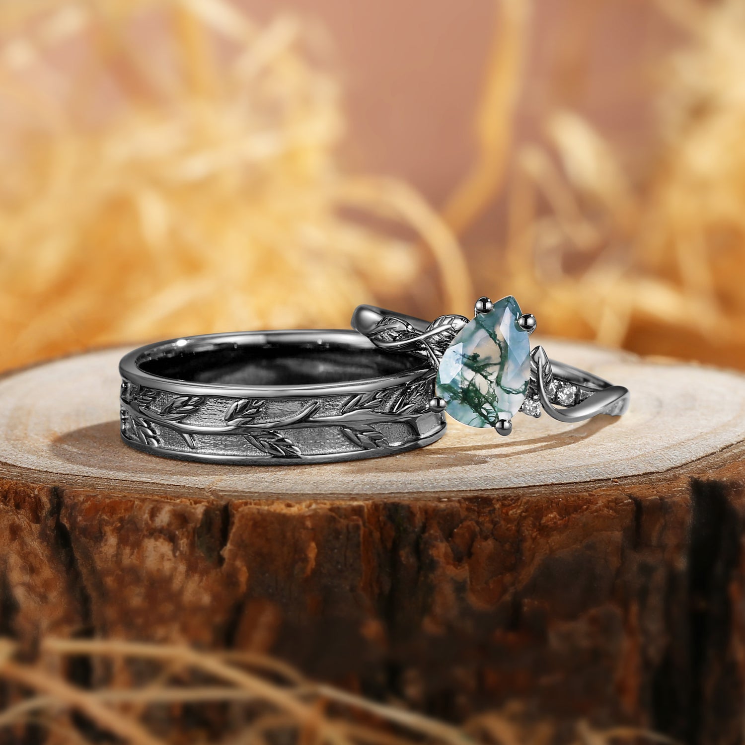 Constance - Pear Cut Moss Agate & Leaf Wedding Band Couple Ring