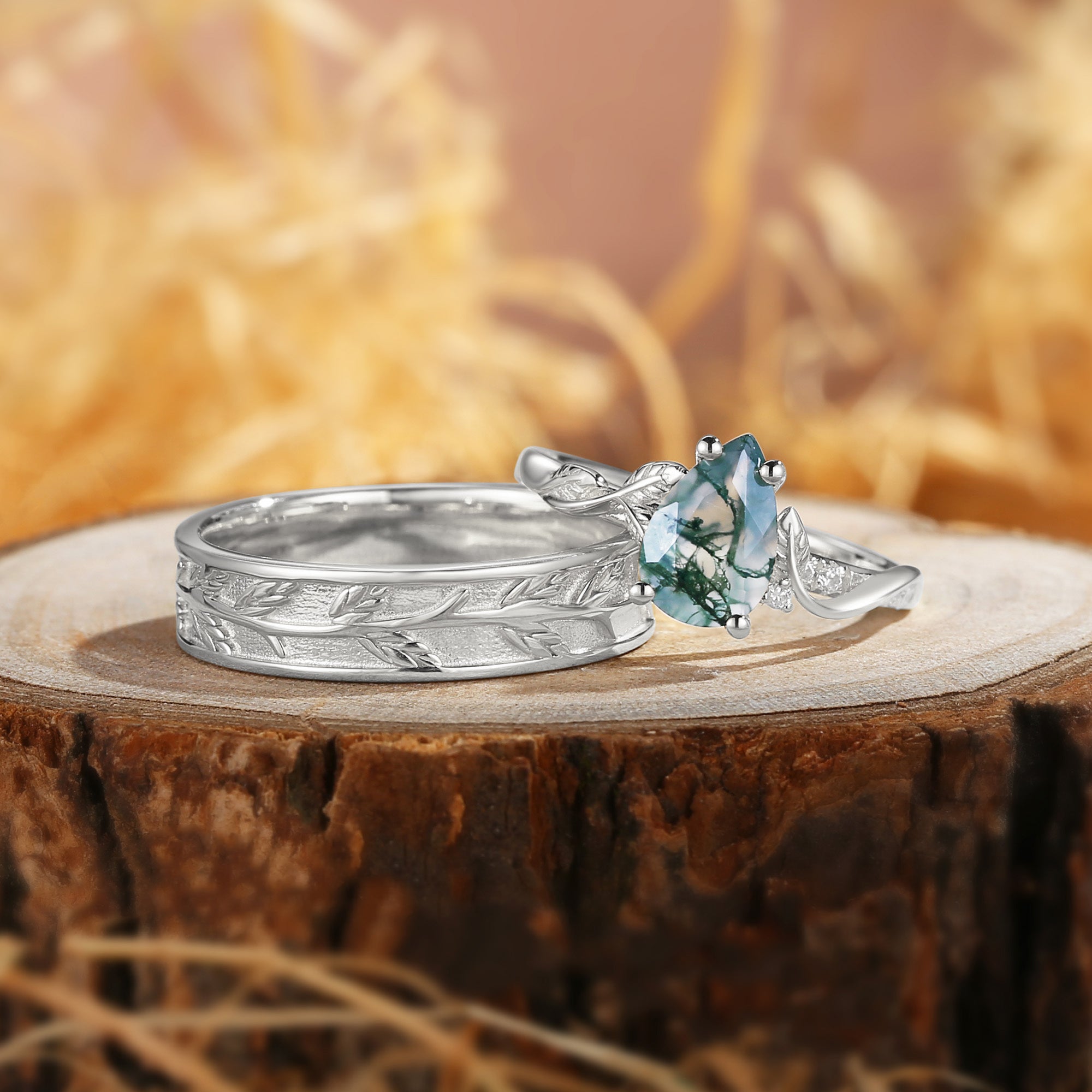 Constance - Pear Cut Moss Agate & Leaf Wedding Band Couple Ring