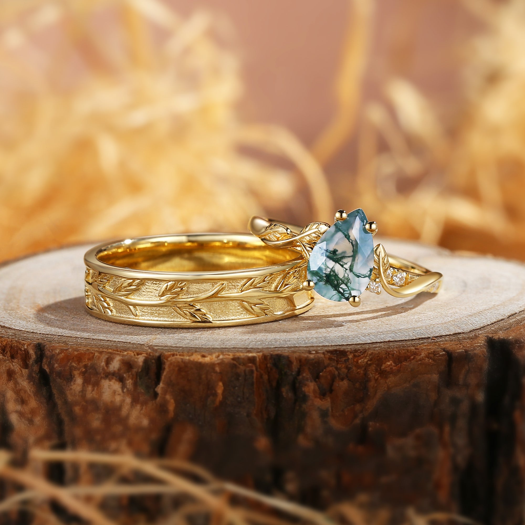 Constance - Pear Cut Moss Agate & Leaf Wedding Band Couple Ring