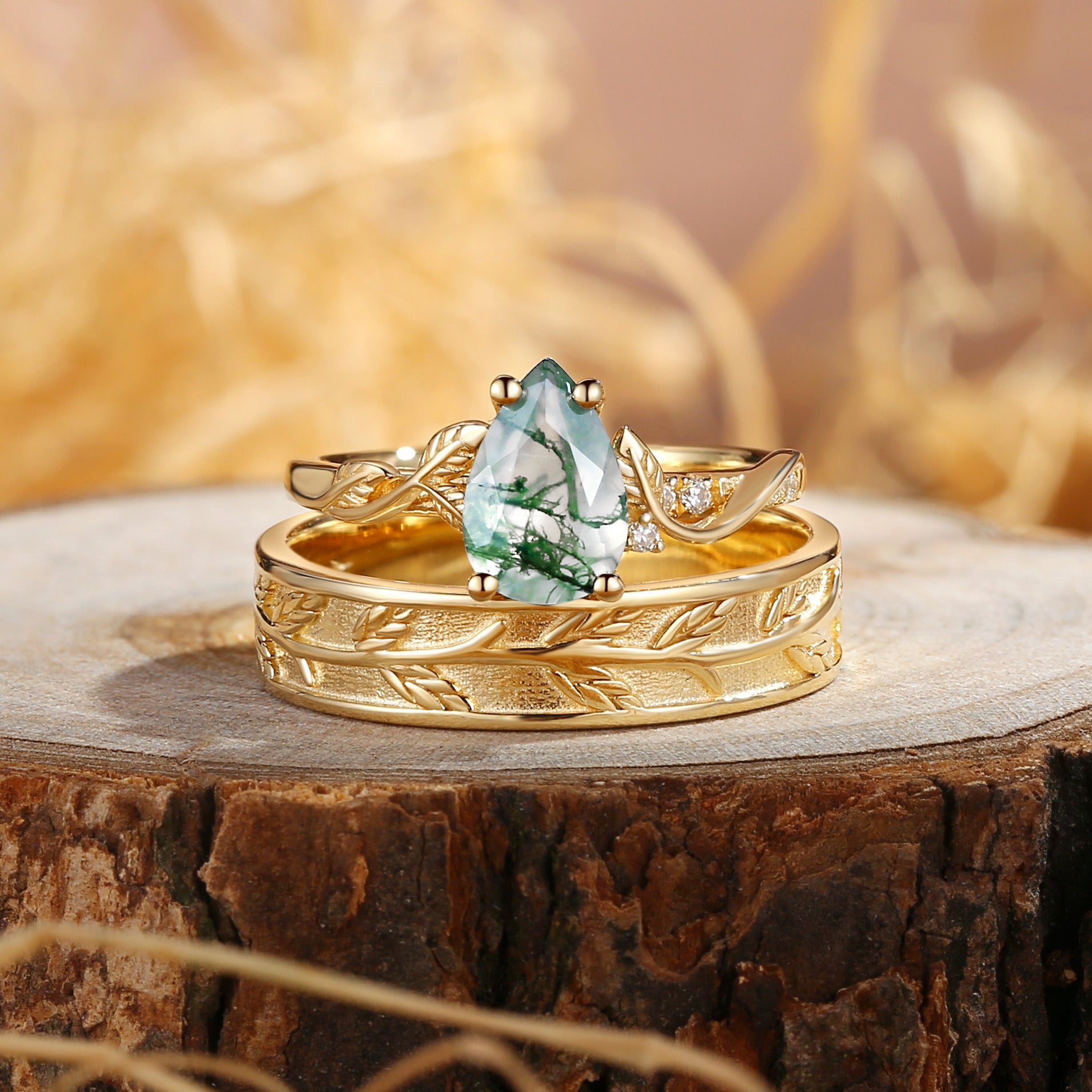 Constance - Pear Cut Moss Agate & Leaf Wedding Band Couple Ring