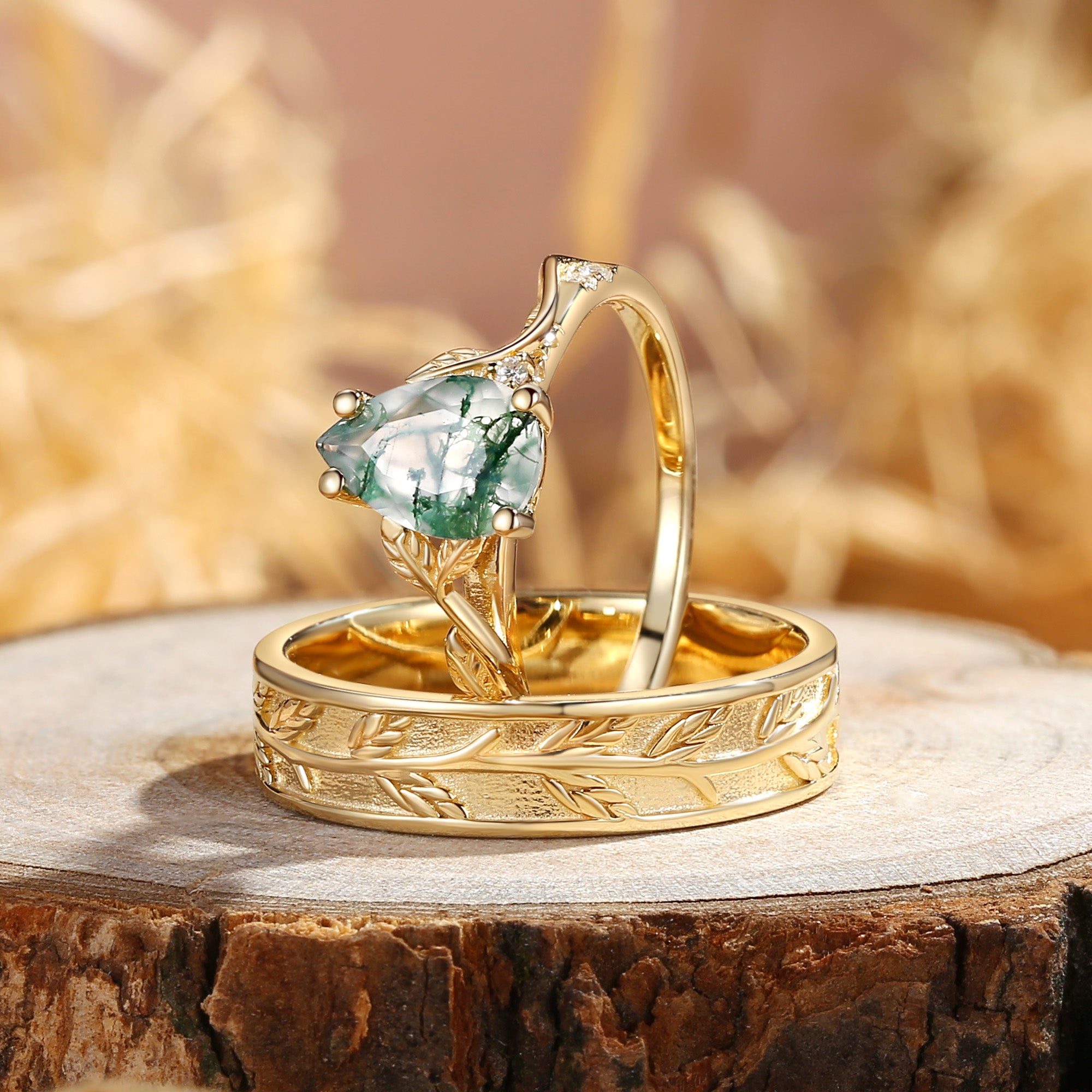 Constance - Pear Cut Moss Agate & Leaf Wedding Band Couple Ring