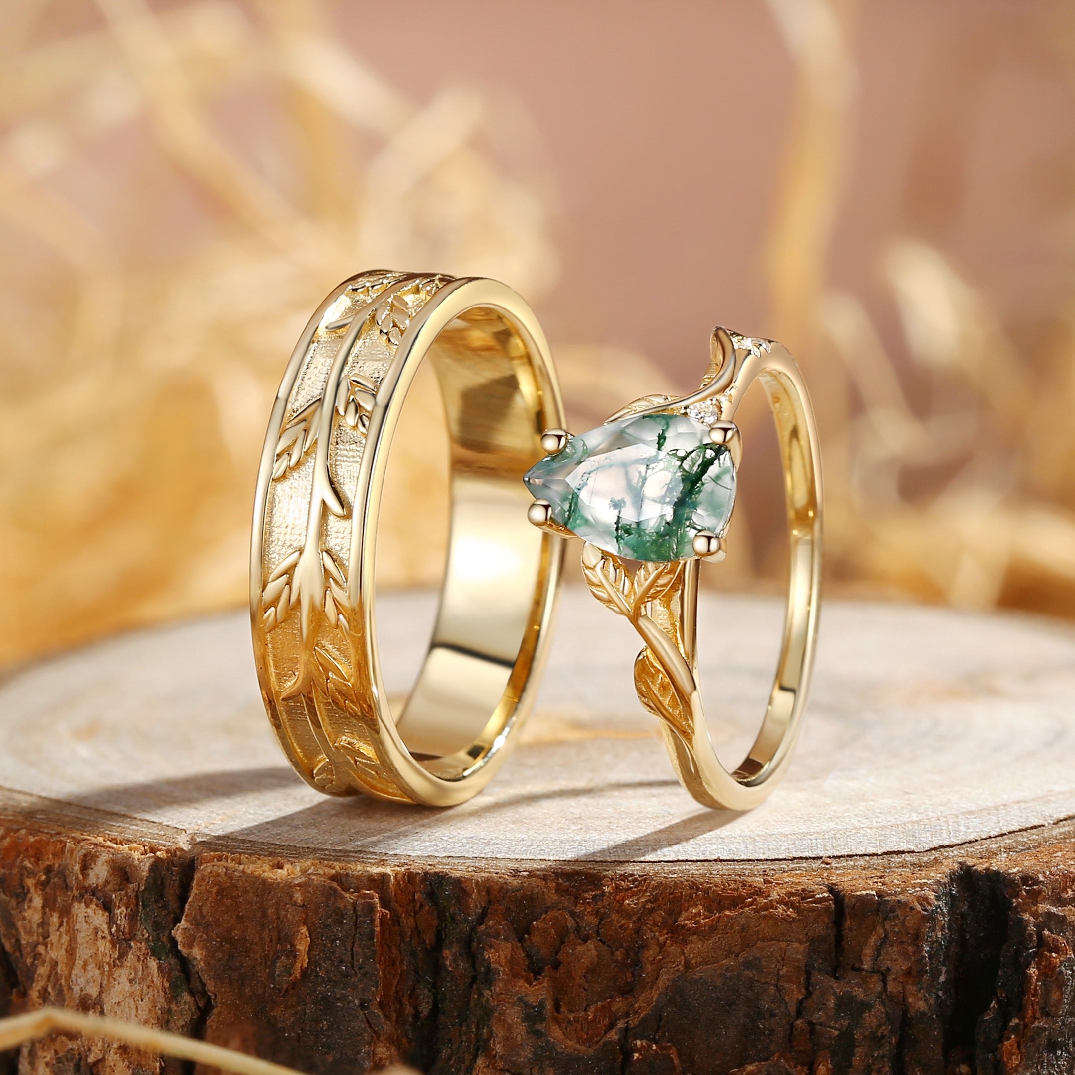 Constance - Pear Cut Moss Agate & Leaf Wedding Band Couple Ring