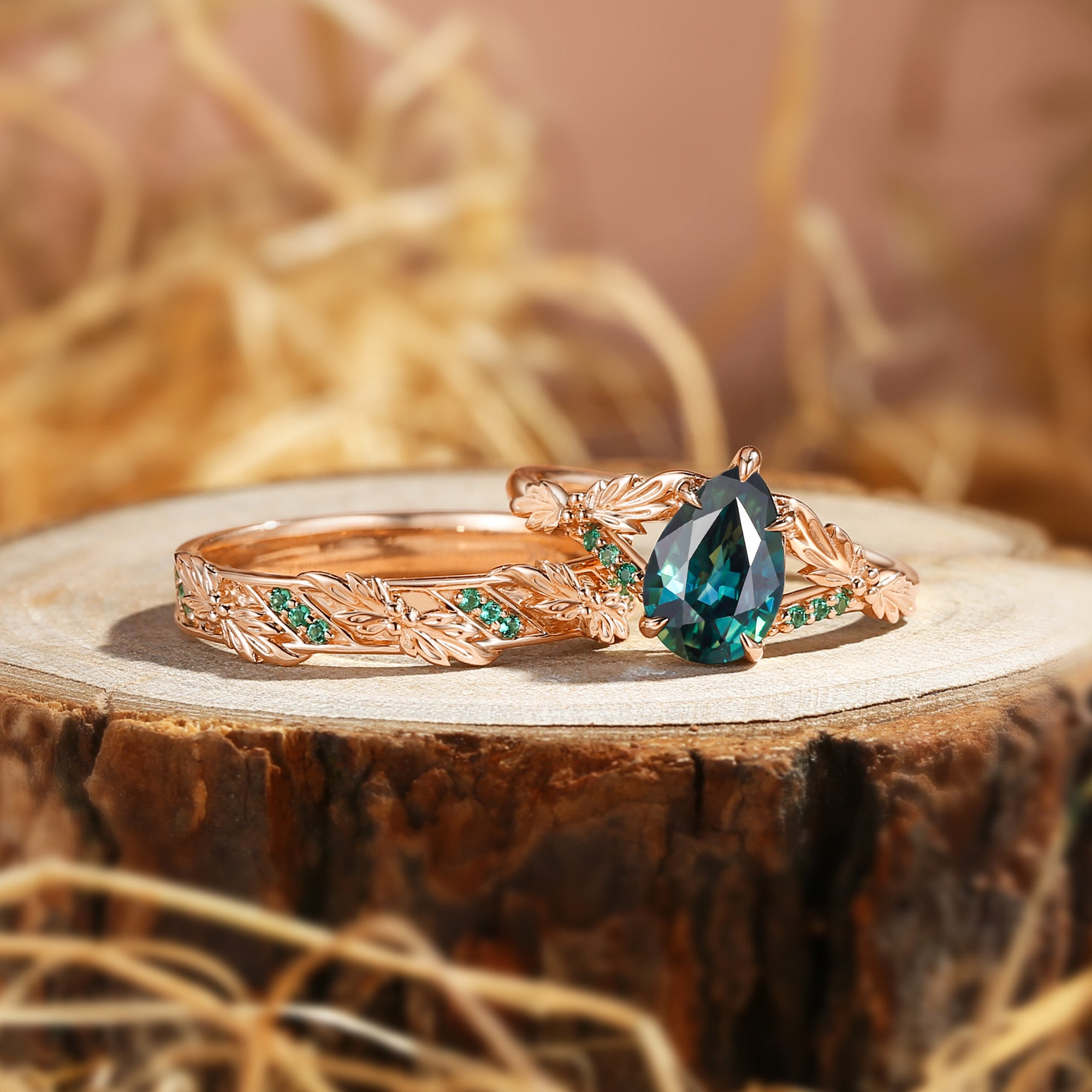 Cynthia - Pear Cut Blue Green Sapphire & Leaf Lab Emeral Couple Ring