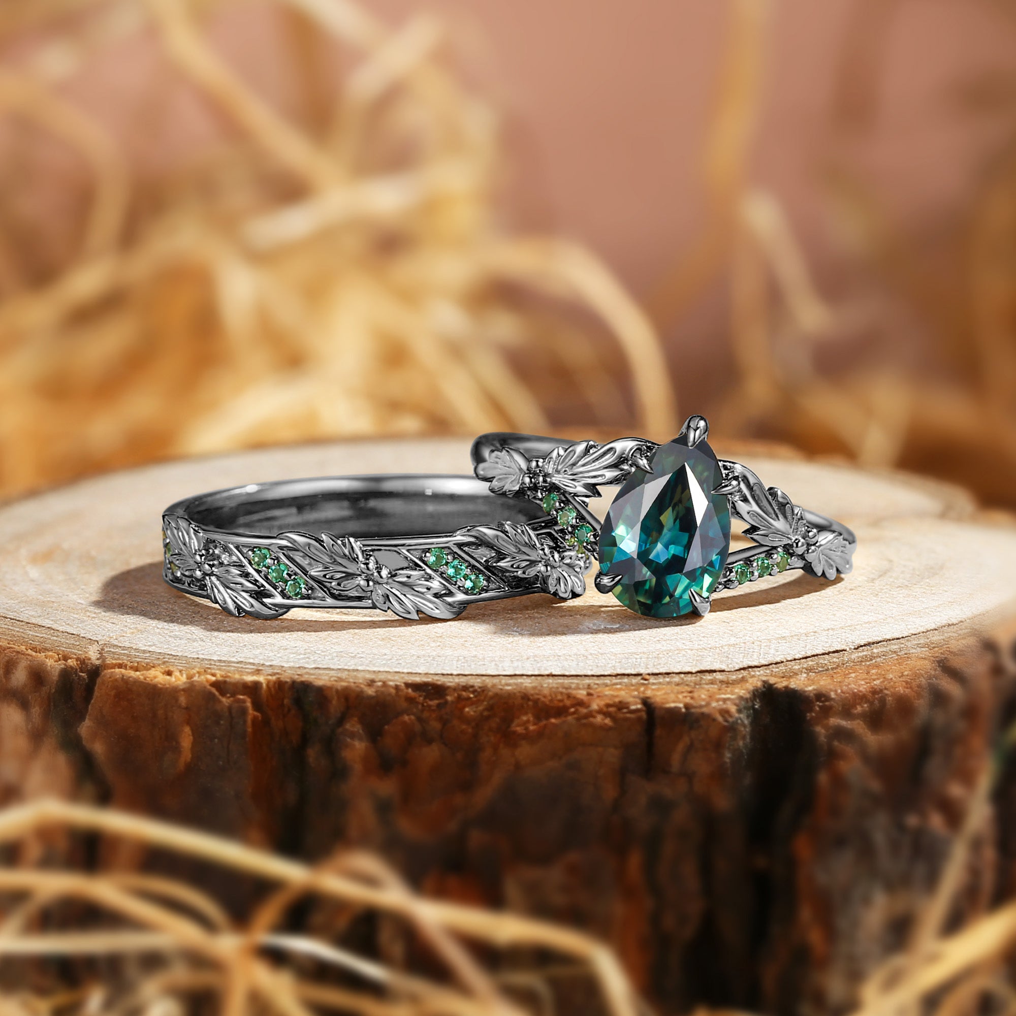 Cynthia - Pear Cut Blue Green Sapphire & Leaf Lab Emeral Couple Ring