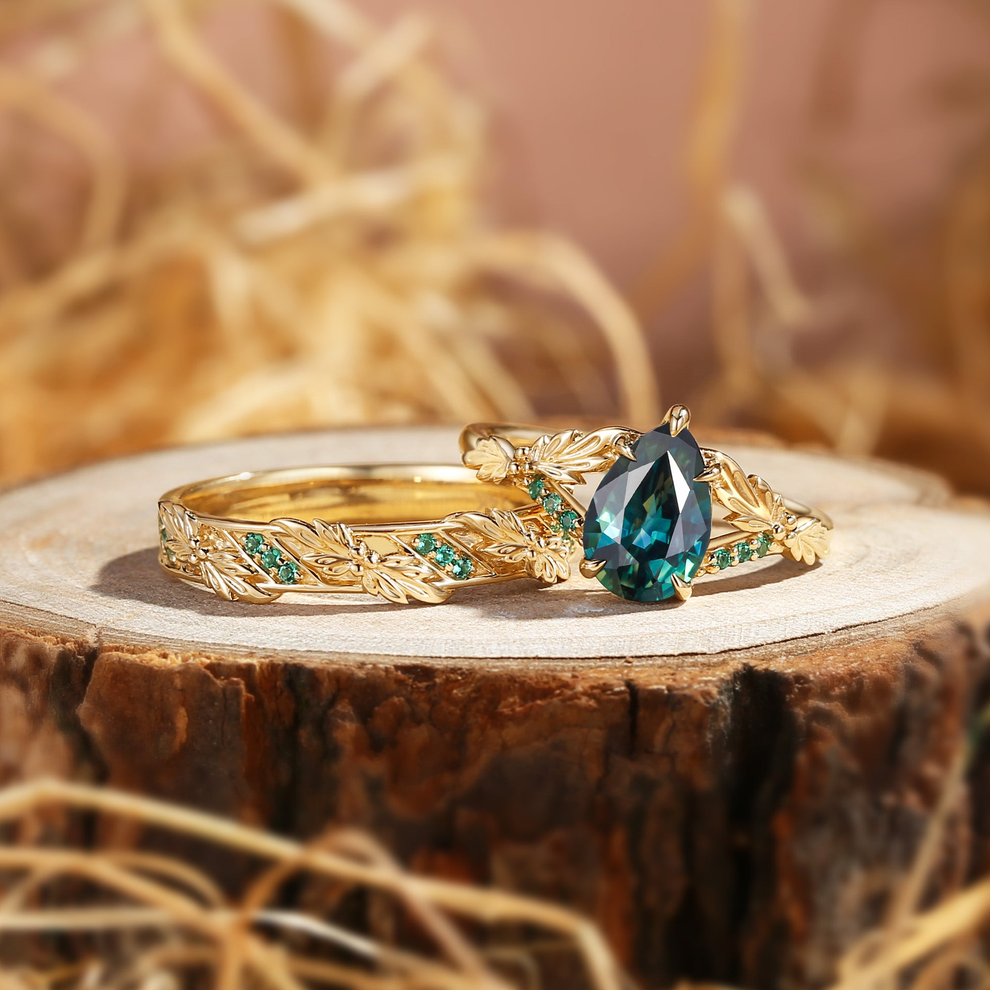 Cynthia - Pear Cut Blue Green Sapphire & Leaf Lab Emeral Couple Ring