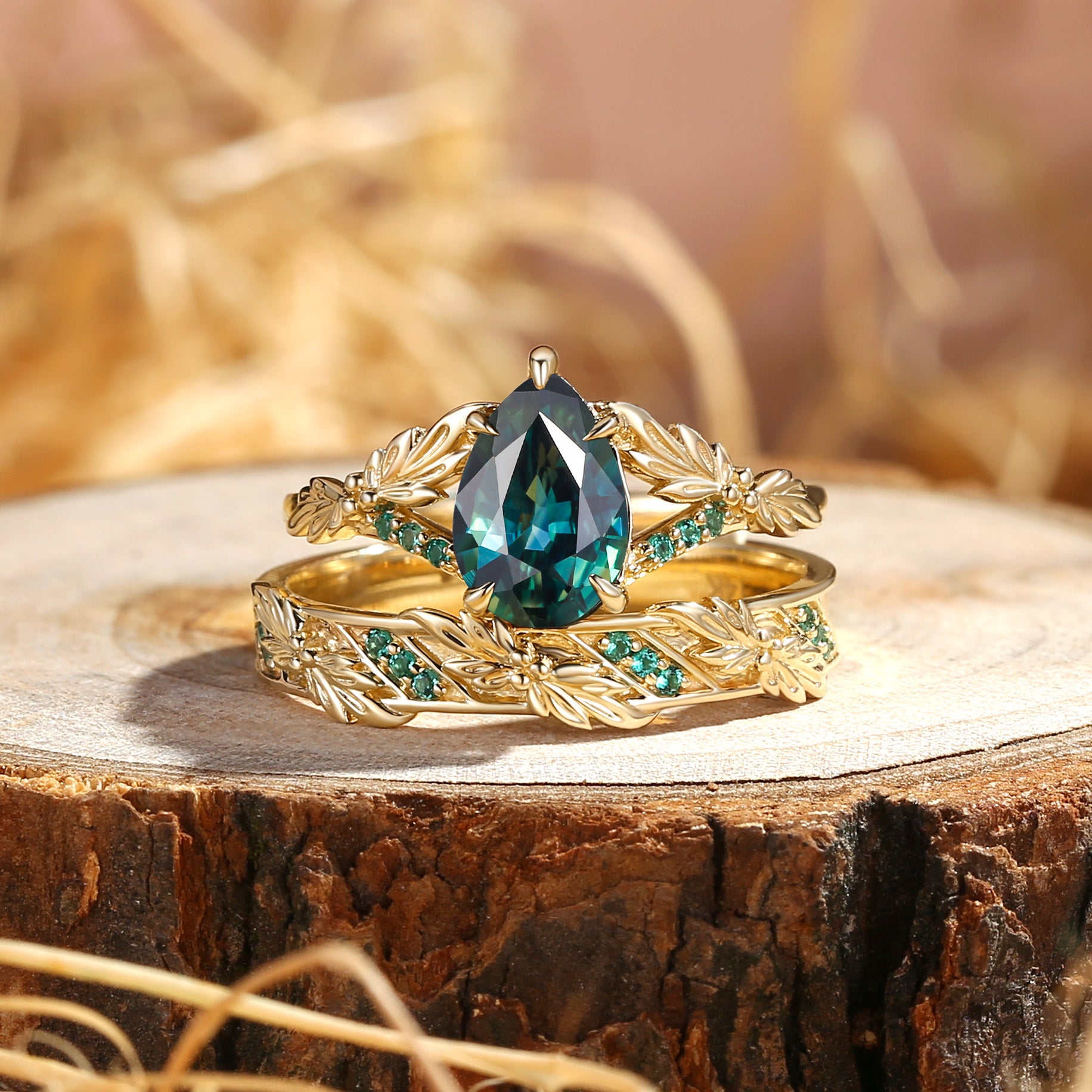 Cynthia - Pear Cut Blue Green Sapphire & Leaf Lab Emeral Couple Ring