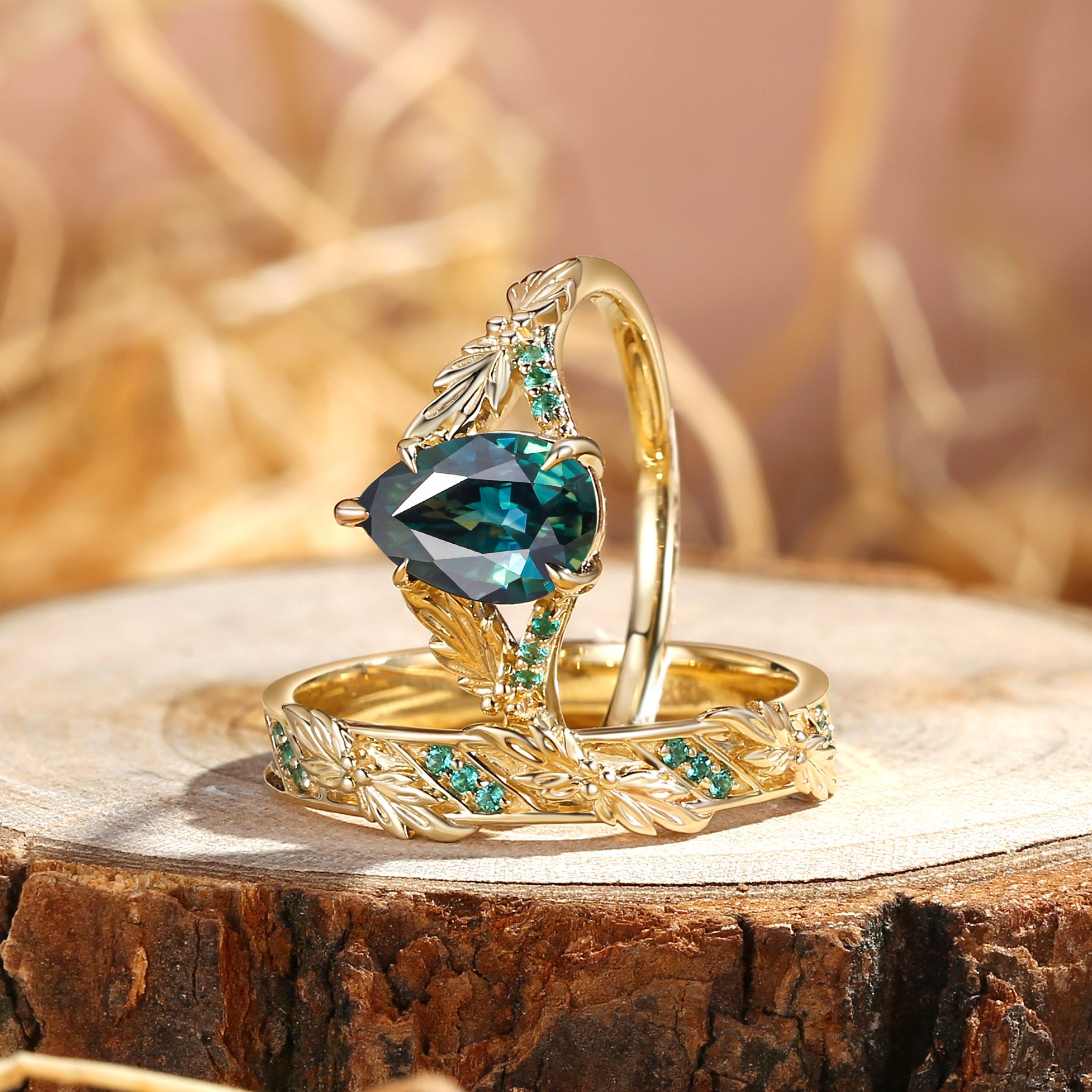 Cynthia - Pear Cut Blue Green Sapphire & Leaf Lab Emeral Couple Ring