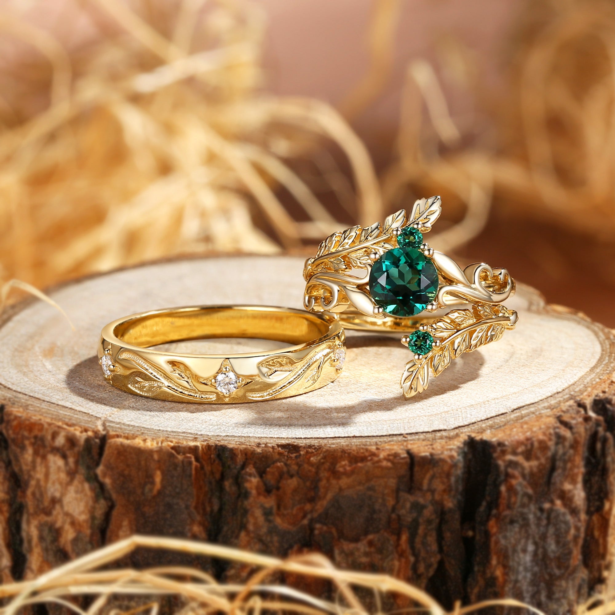 Rosine - Round Emerald Enhancer Ring & Engraving Vintage Couple Ring