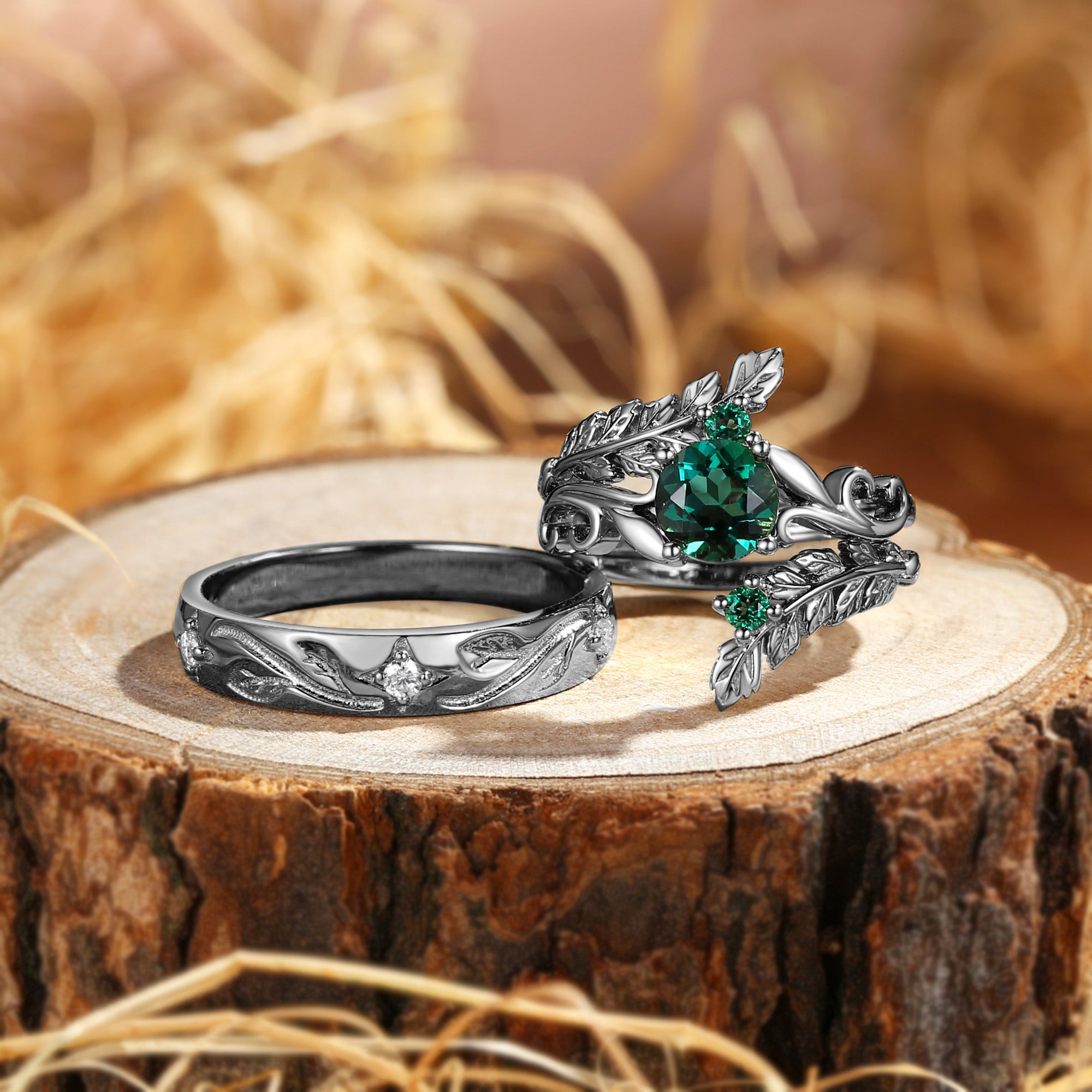 Rosine - Round Emerald Enhancer Ring & Engraving Vintage Couple Ring